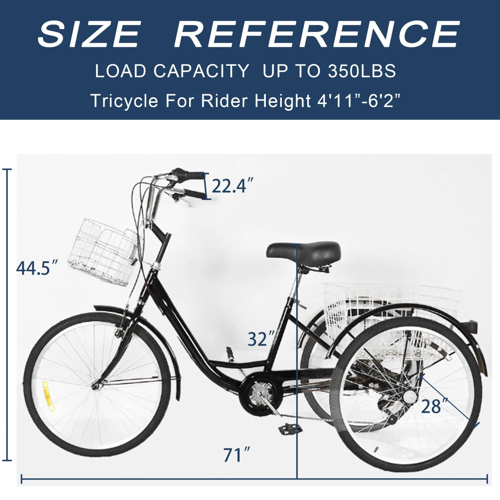 Dinling 7 Speed Adult Tricycle, 26-Inch 3 Wheels Bike, Low Step-Through Frame, Large Cruiser Seat, Front and Rear Basket, Black