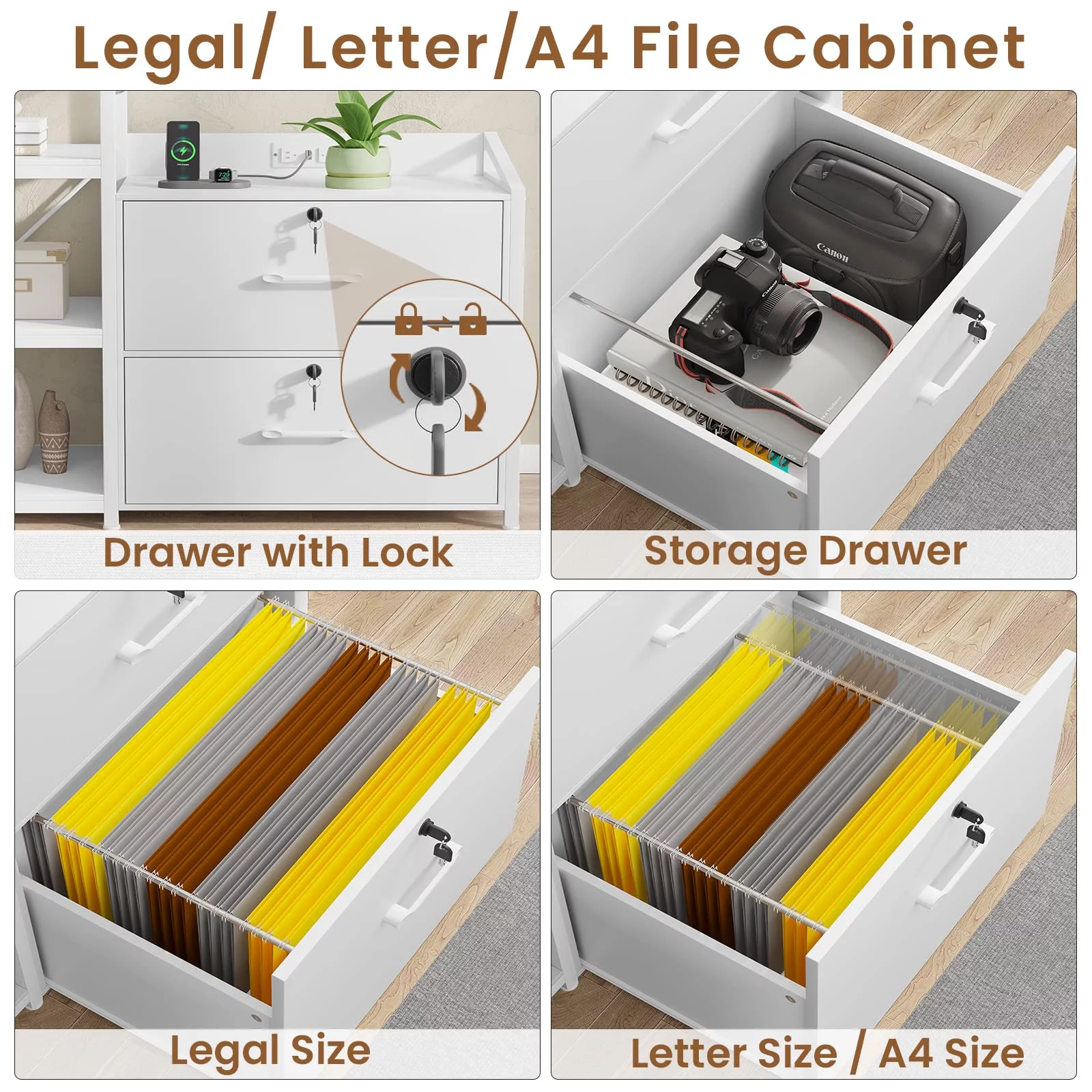 47” Filing Cabinet with Power Strip, 2 Drawer File Cabinet with Lock, White Finish