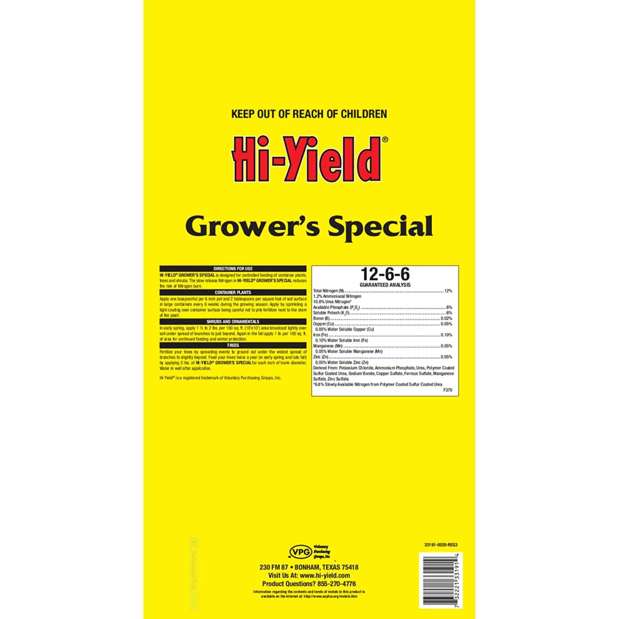VPG (#33192) Hi-Yield Grower's Special Fertilizer 12-6-6 (30 lbs.)