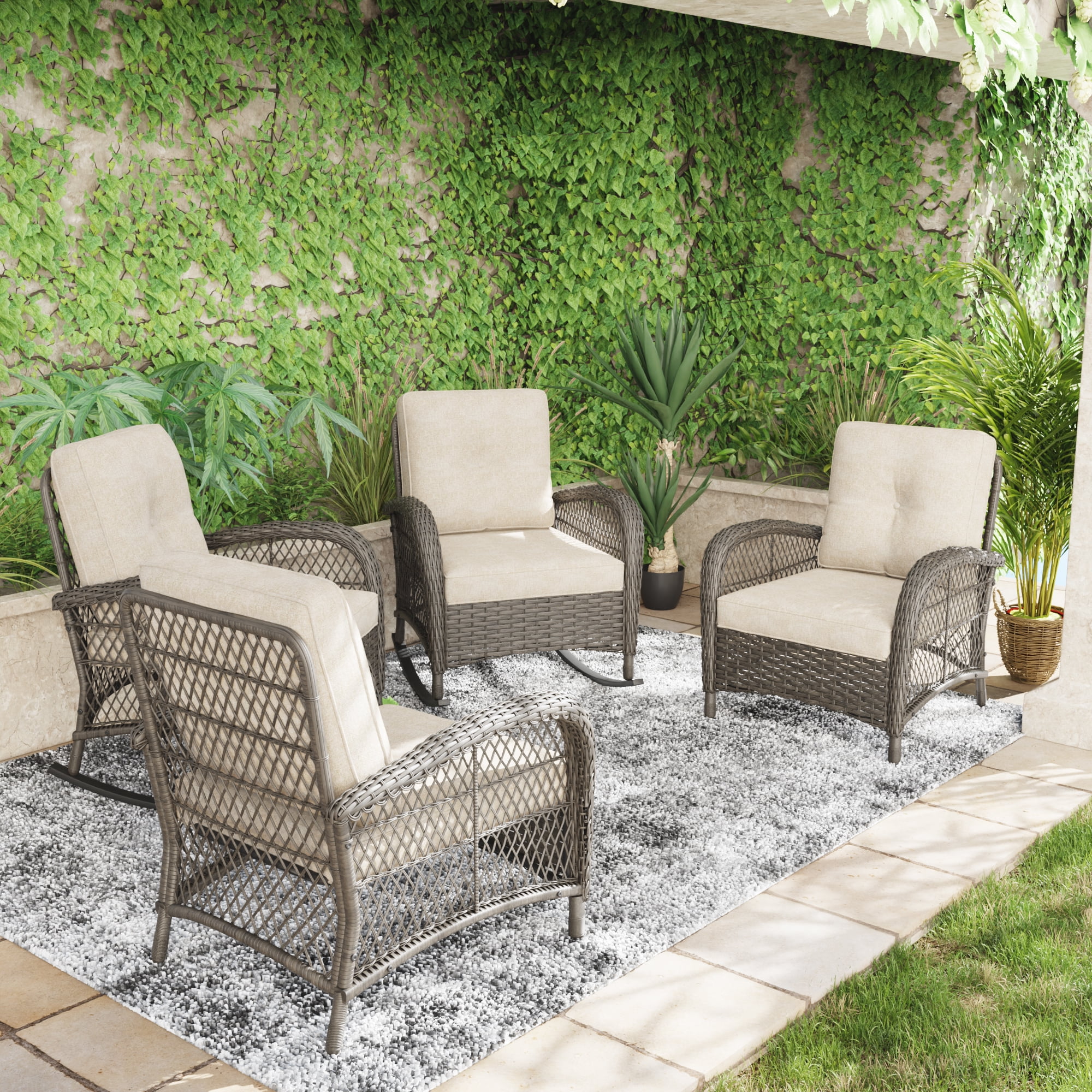 MeetLeisure 4-Piece Outdoor Wicker Chairs, Including 2 Armchairs and 2 Rocking Chairs, Beige