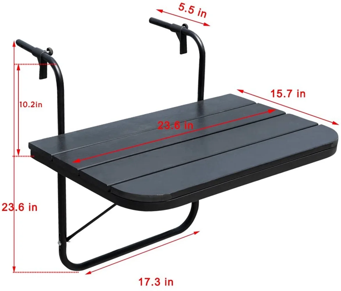 Prime Garden Folding Deck Table Adjustable Balcony Hanging Table, Black