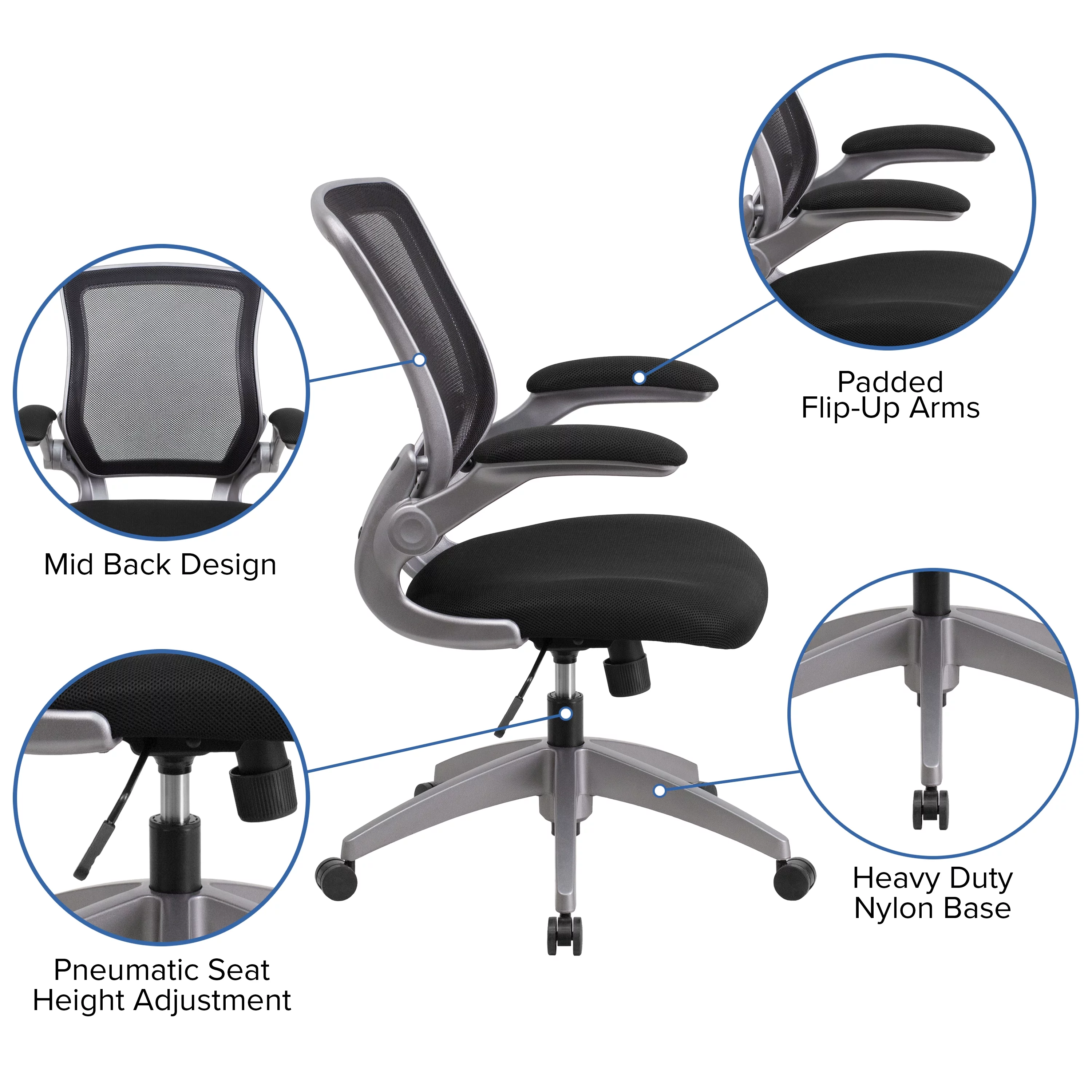Flash Furniture Mid-Back Black Mesh Swivel Ergonomic Task Office Chair with Gray Frame and Flip-Up Arms