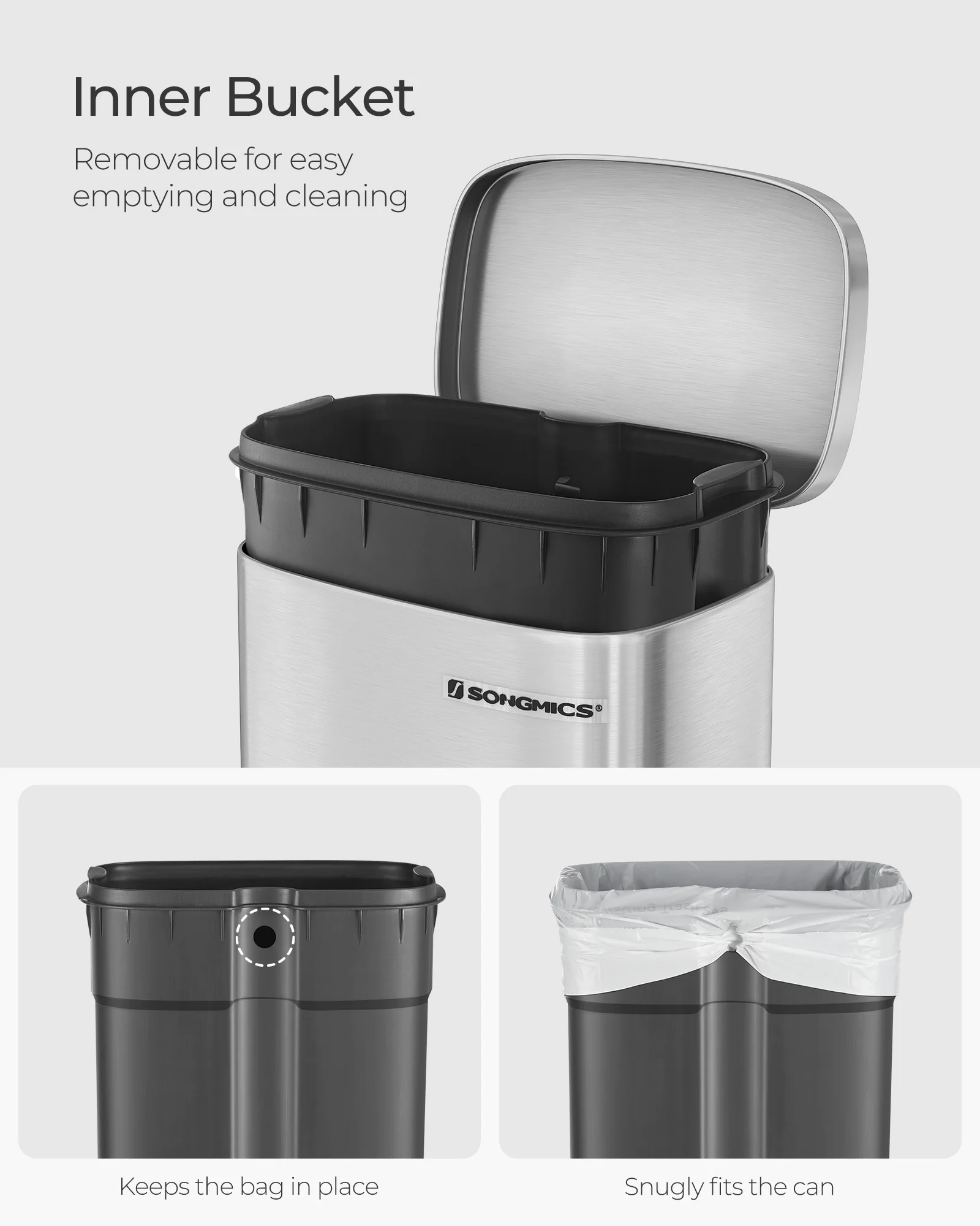 Songmics 8 Gallon Kitchen Trash Can with Lid Stainless Steel Garbage Can Recycling Rubbish Bin Silver