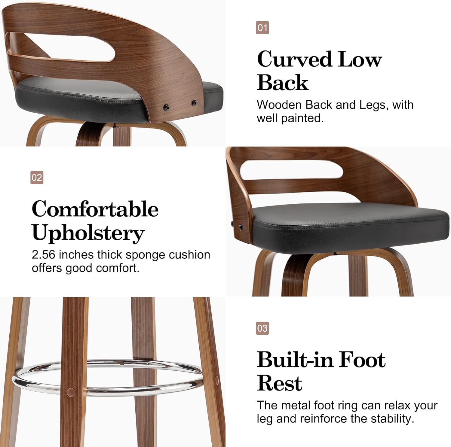 U-ToBe Bar Stools Set of 2, Swivel Bar Height Stools with Low Back, Wood Bar Chairs with Soft Cushion Seat, 30.31-Inch Seat Height (Black, 30