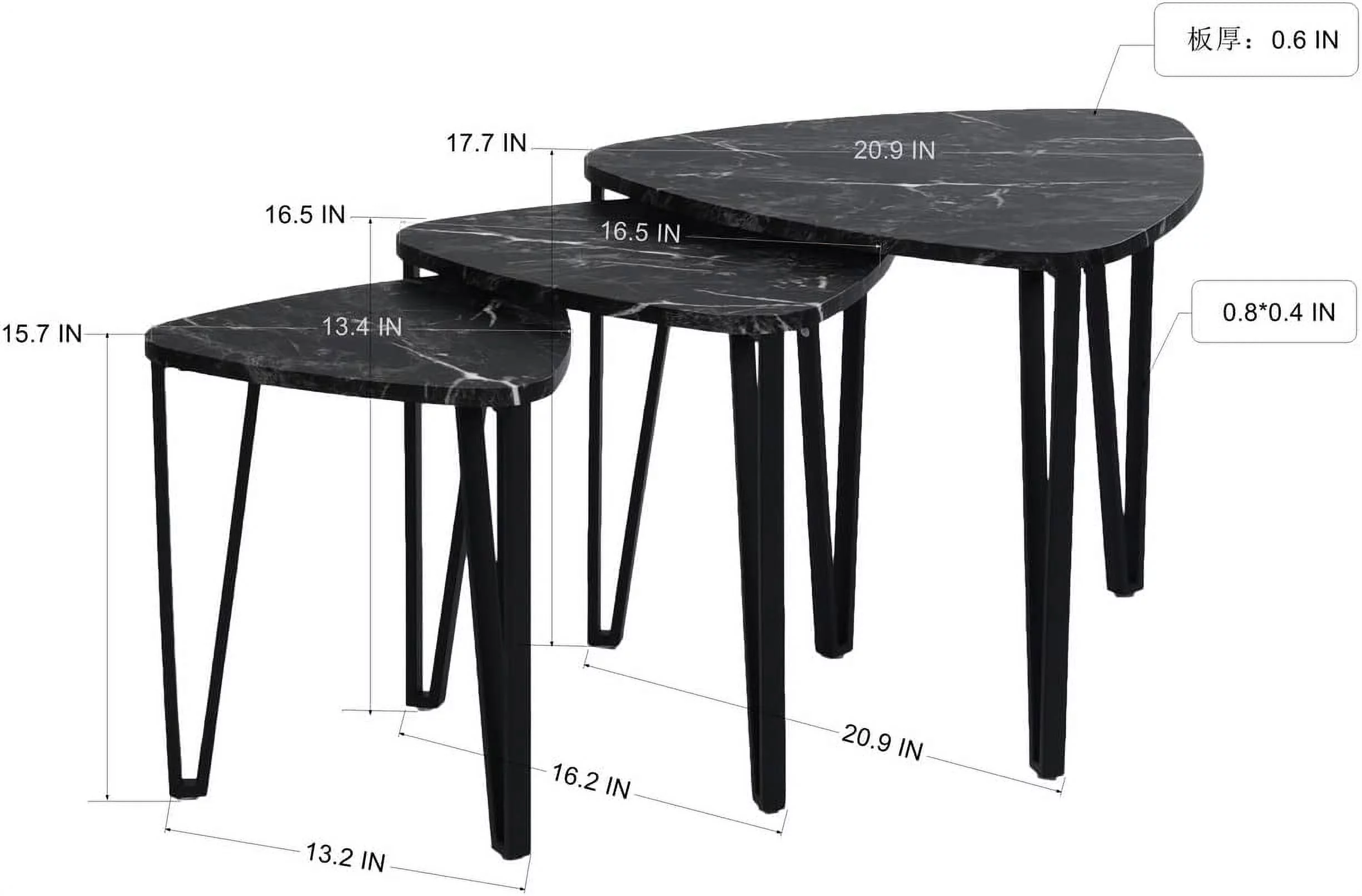 FurnitureR Modern Nesting Coffee Tables  Metal Frame Nesting Set of 3 , Black