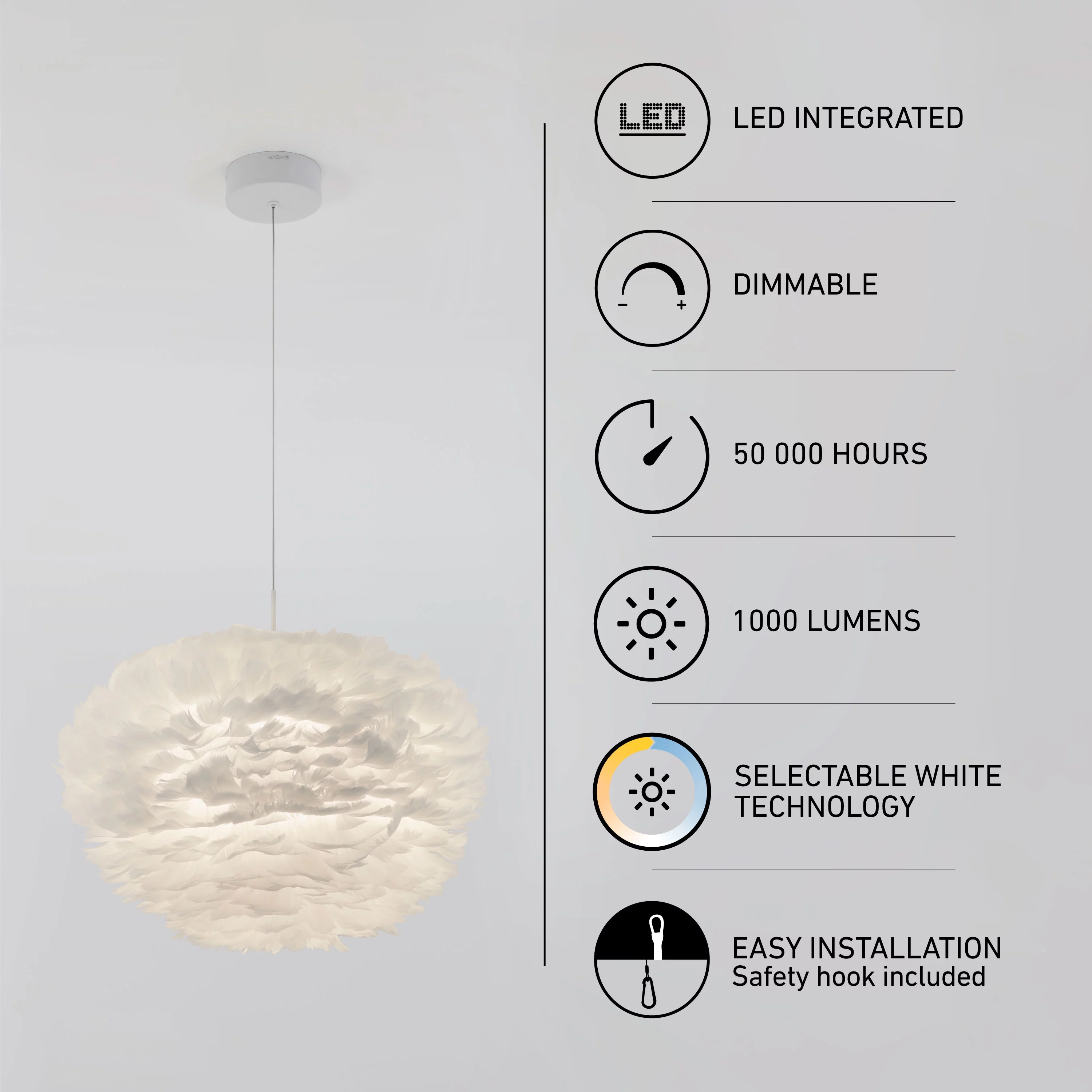 Artika Plume 20 Inches Diameter Modern White LED Feather Pendant Light Fixture
