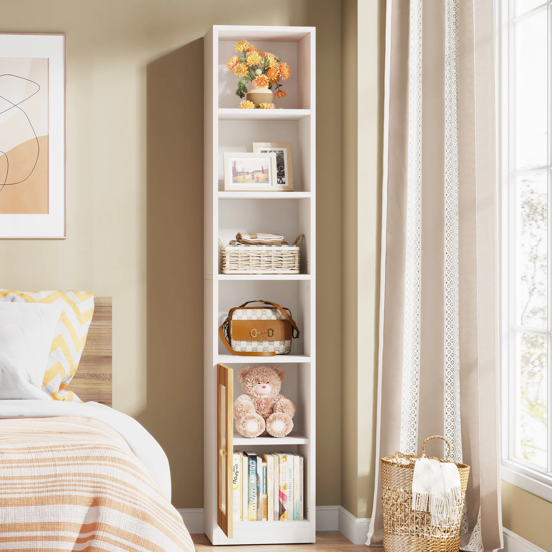 Tribesigns 79 Inches Tall Narrow Bookcase with Door, 6-Tier Skinny Bookshelf Display Shelves, Modern Corner Bookshelves Slim Cabinet White Cube Shelf Organizer for Small Spaces