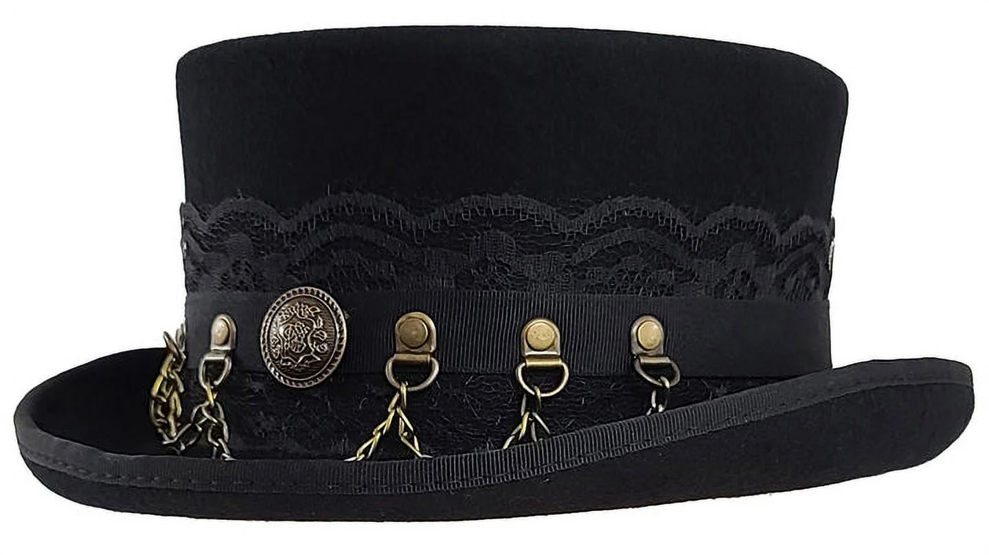 Different Touch 100% Wool Felt Top Hat Western Steampunk with Leather Band and Chain