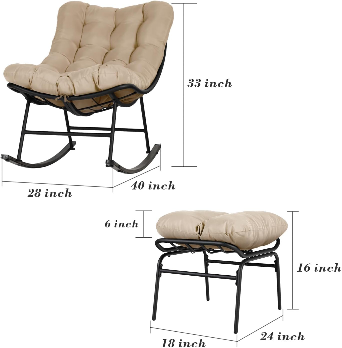 ENSTVER Outdoor Rocking Chair Set with Thickened Cushion&Footrest,Modern Comfy Recliner Lounge Chair for Porch, Balcony, Patio, Garden,Beige