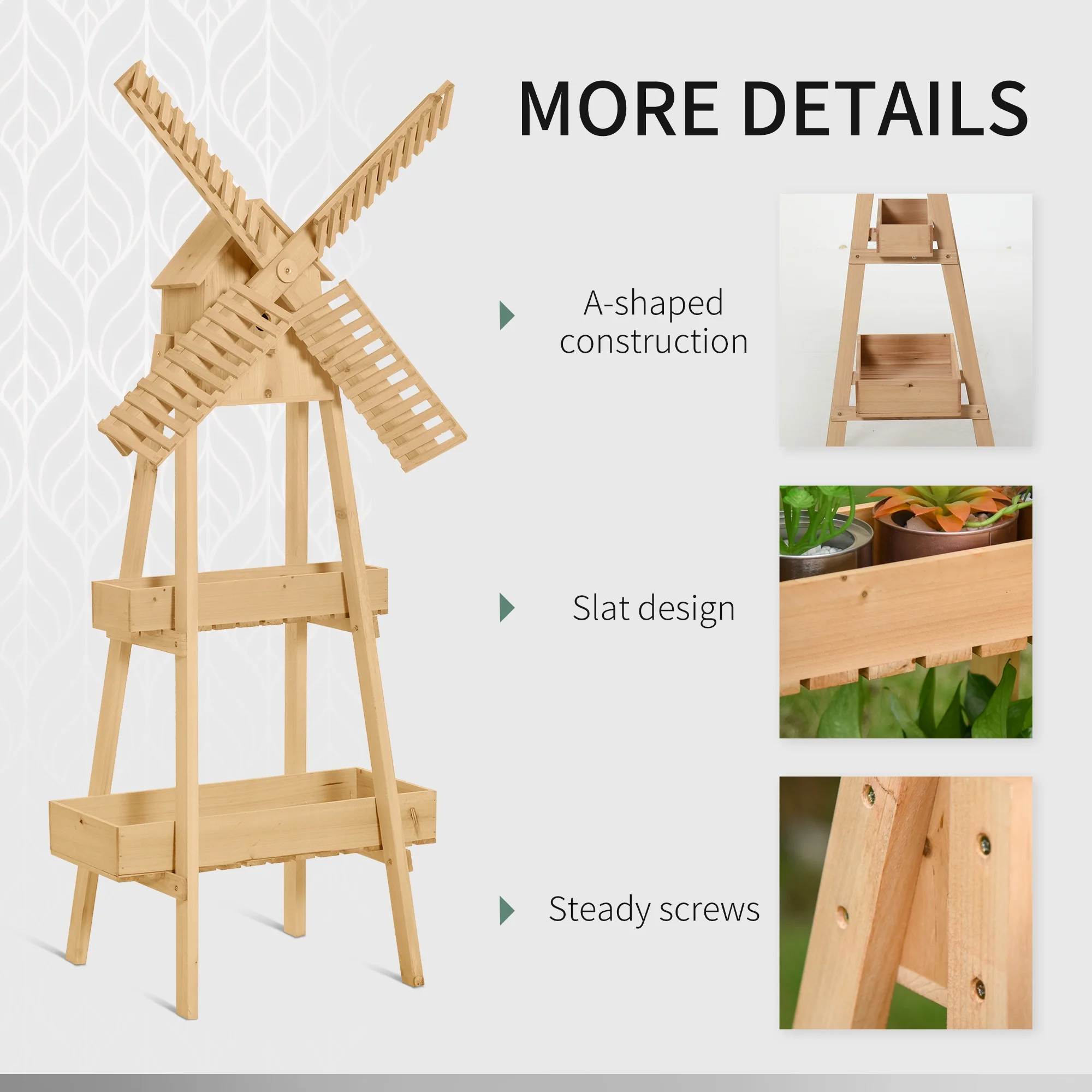 Outsunny 3' x 1' x 5' 2-Level Wooden Plant Shelf with Cute Windmill Design