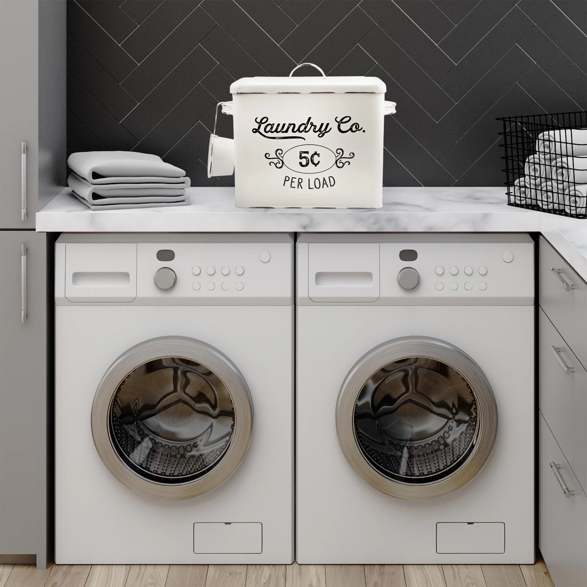 AuldHome Farmhouse Laundry Powder Container, White Enamelware Detergent Bin with Scoop