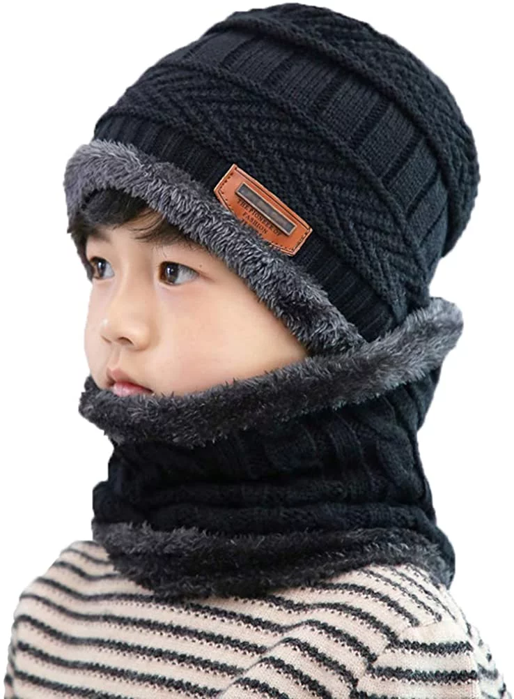Sinhoon Kids Winter Hat and Scarf Set, 2Pcs Warm Knit Beanie Cap and Scarf for 3-14 Years Old (Black)