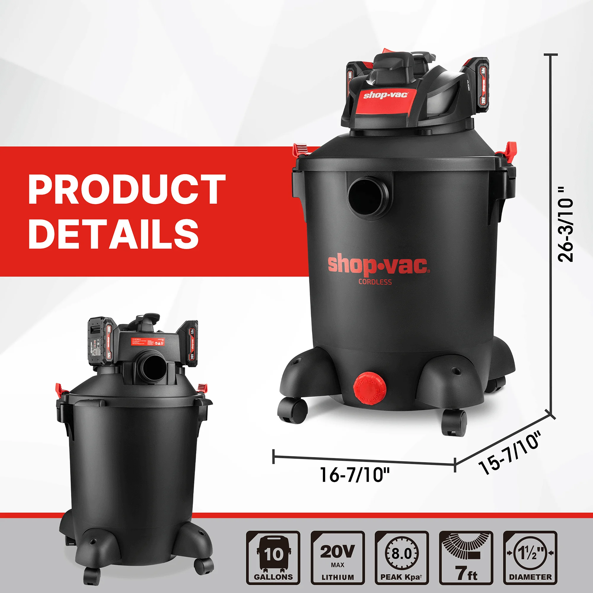 Shop-Vac 20V Cordless 10 Gallon Wet/Dry Vac, with (2) 2.0Ah Batteries and Charger