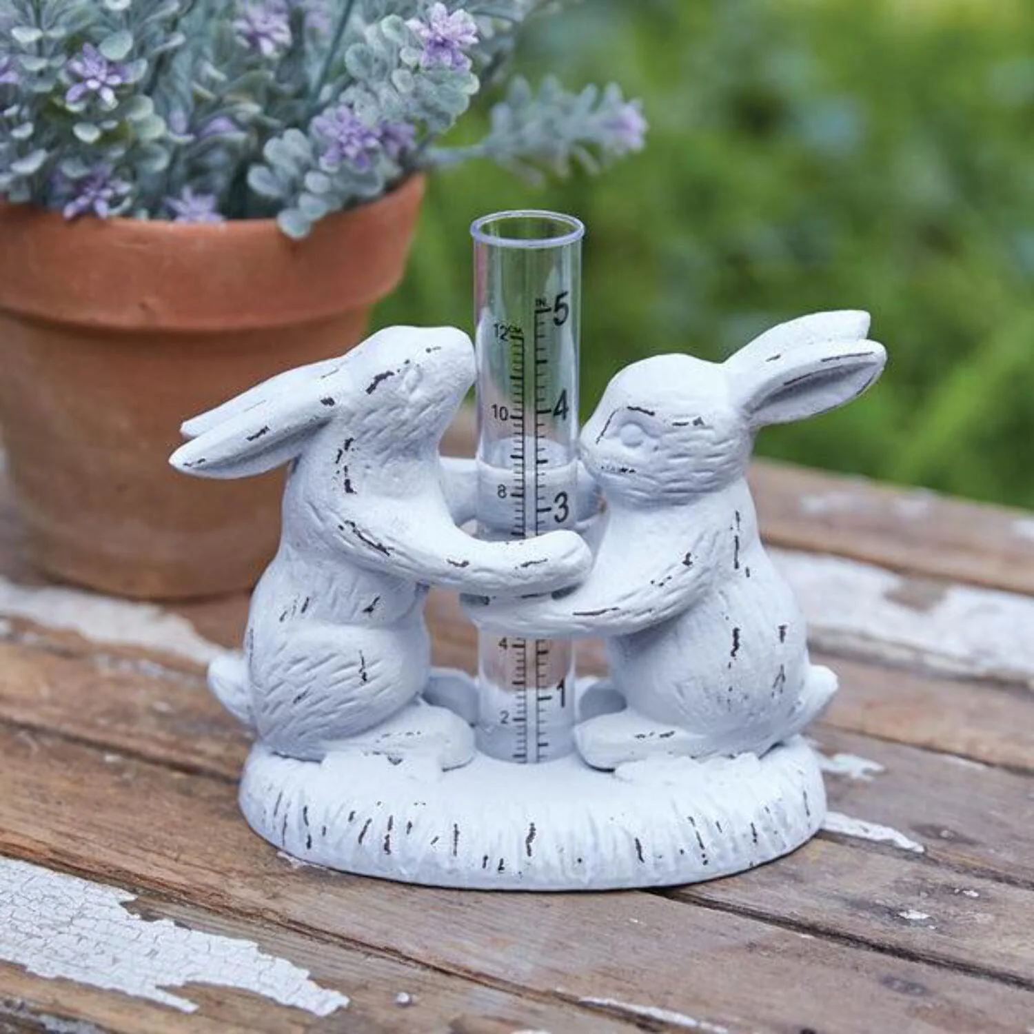 Cast Iron Hugging Bunnies Rain Gauge - Tabletop Design