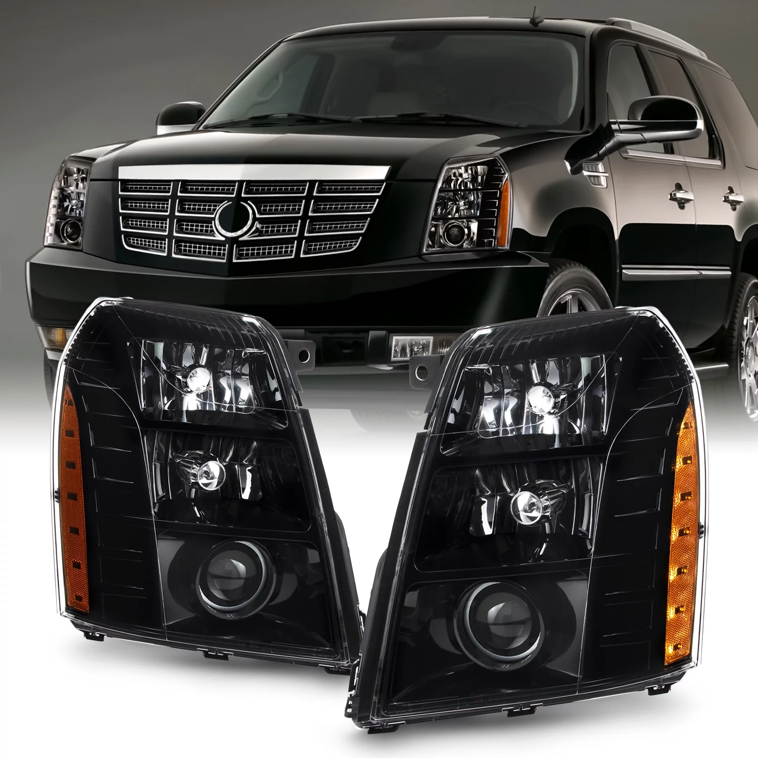 AKKON - Fits 2007-2014 Cadillac Escalade ESV EXT [HID/Xenon Type] Projector Black Headlights Pair Driver+Passenger