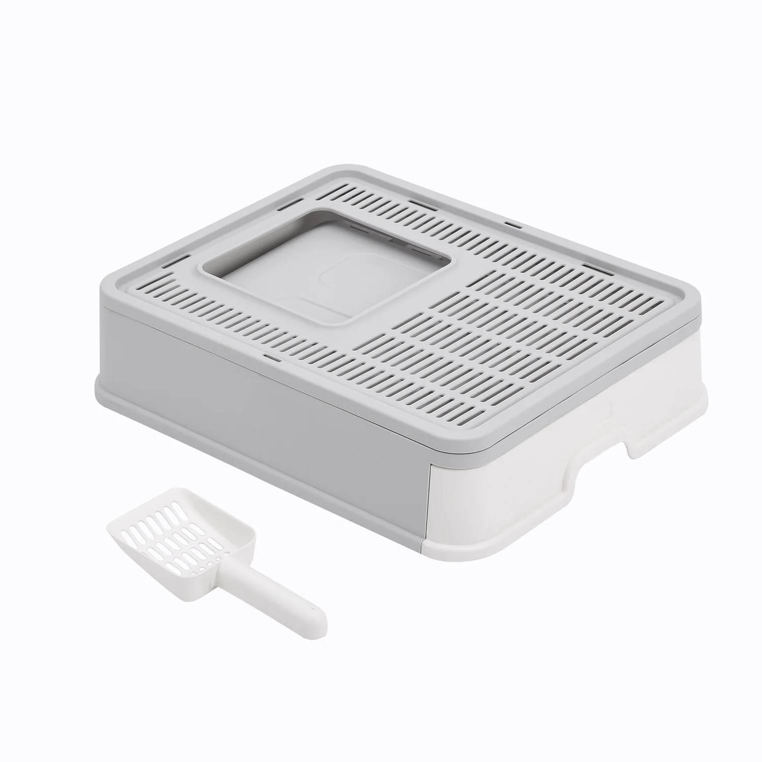 Nanyi Cat Litter Box with Lid Cover, Plastic Scoop, Front Entry Top Exit, Large Foldable Enclosed Cat Litter Tray, Easy Clean and Install (Gray)