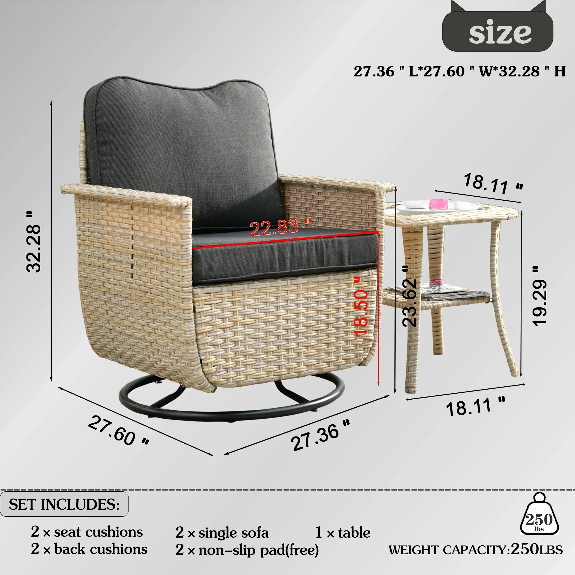 OVIOS  3-piece Pet-Friendly Patio Furniture Swivel Chairs Wicker Set Black