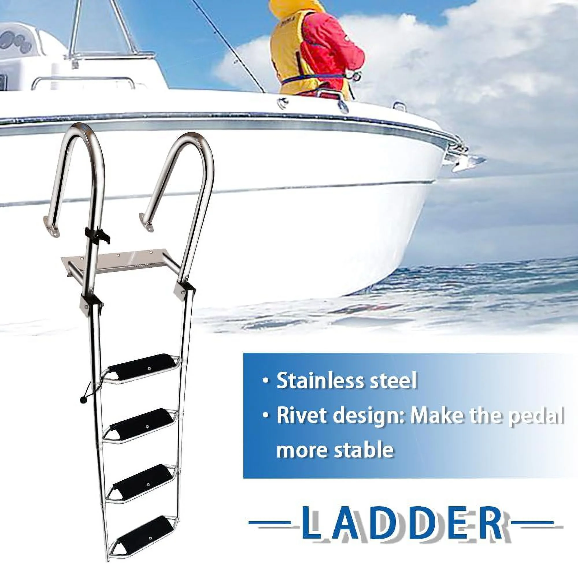 OUWI Stainless Steel 4 Steps Telescoping Boat Ladder Reinforce Dock Ladder Heavy Duty Swim Deck Ladder with Wider Pedals and Hand Railings, Rated to 500 Pounds…