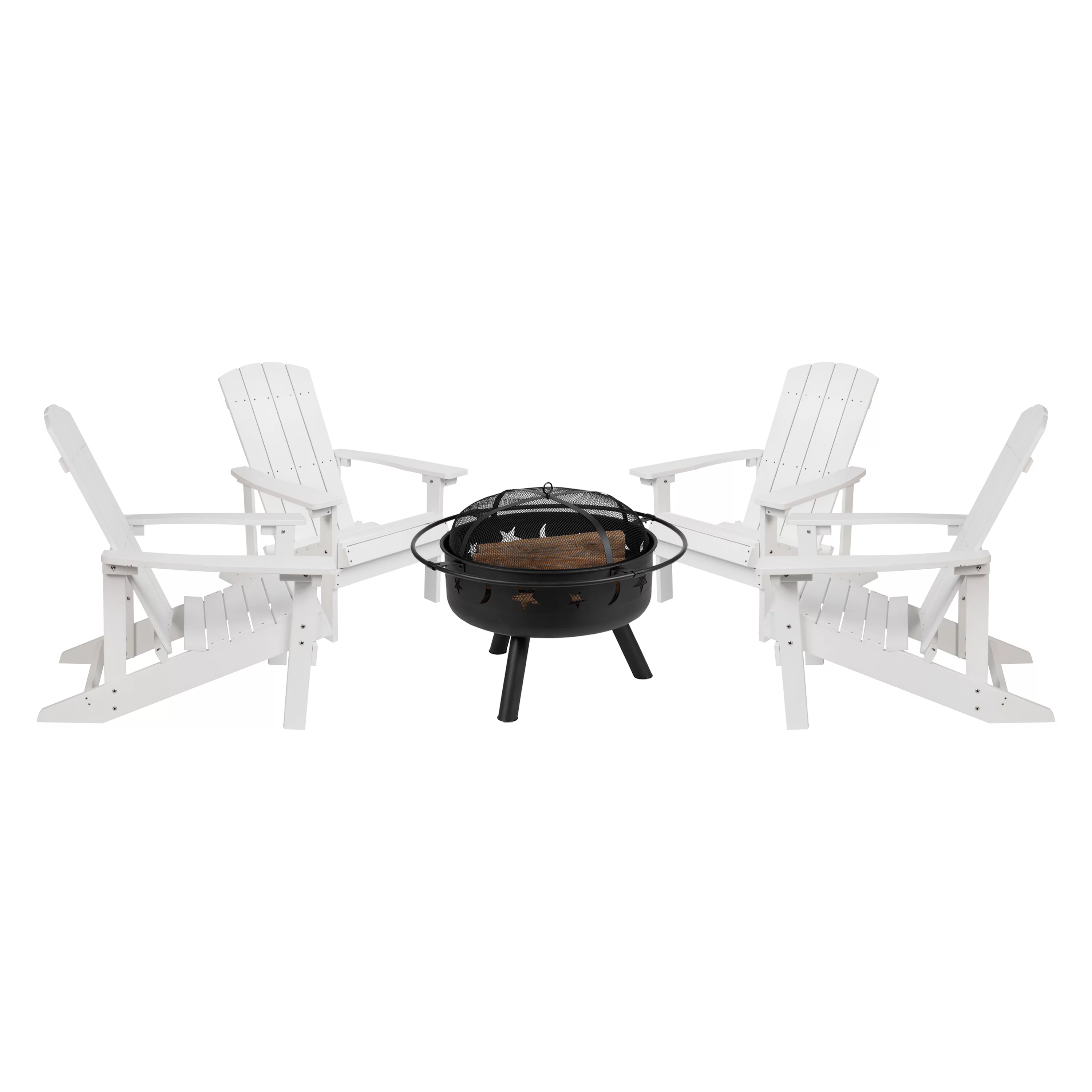 Flash Furniture Charlestown 5 Pcs Iron Wood Burning Fire Pit Set With Adirondack Chairs, White