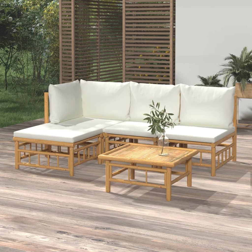 Dcenta 5 Piece Patio Set with White Cushions Bamboo