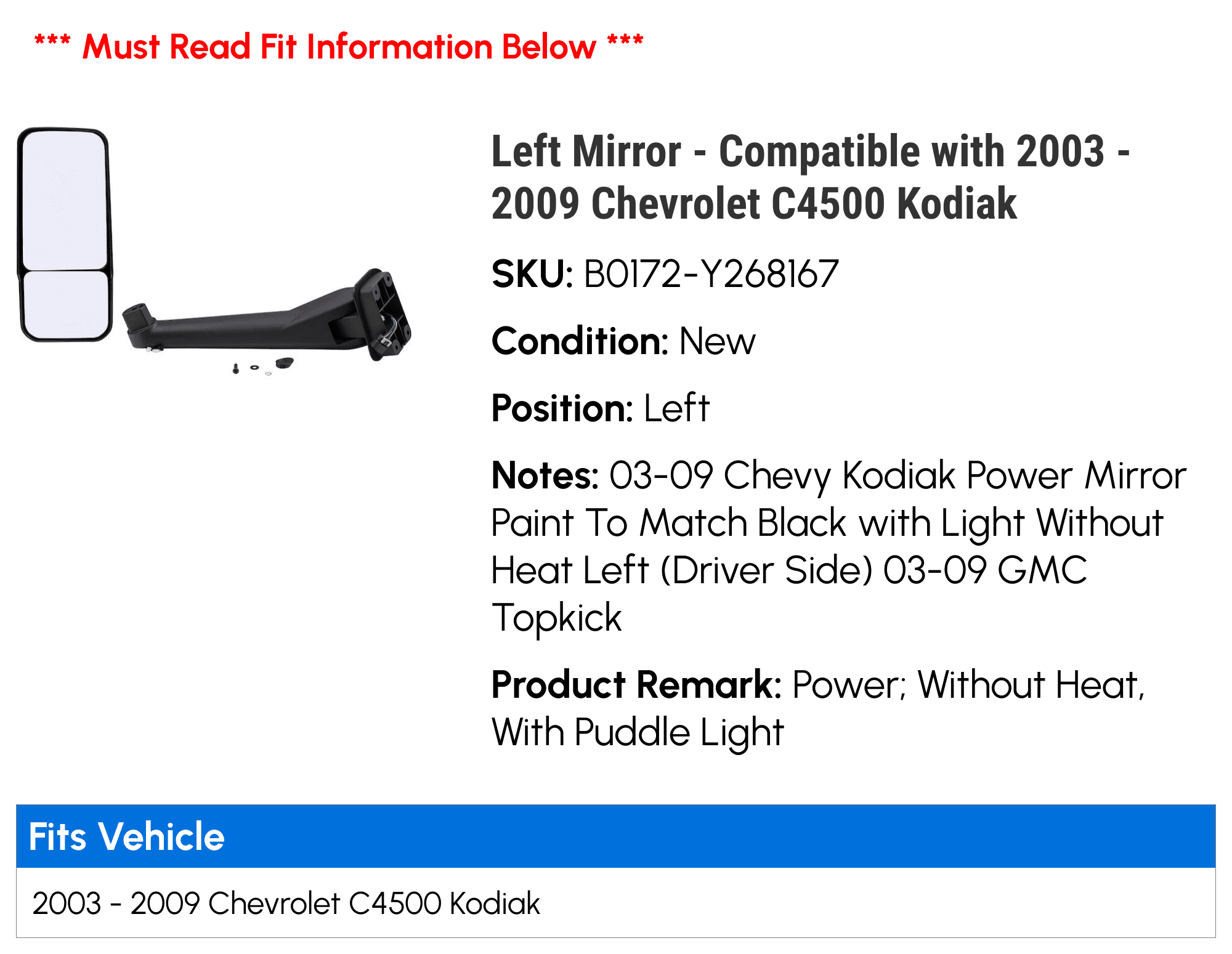 Left Mirror - Compatible with 2003 - 2009 Chevy C4500 Kodiak 2004 2005 2006 2007 2008