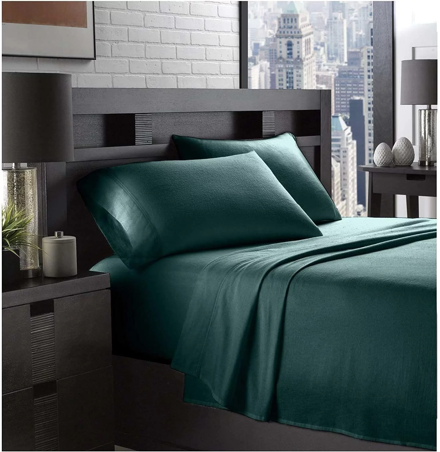 Fashi Flannel Sheet Set - 100% Cotton - Fitted + Flat + Pillow Cases Deep Pocket (Full, Green)