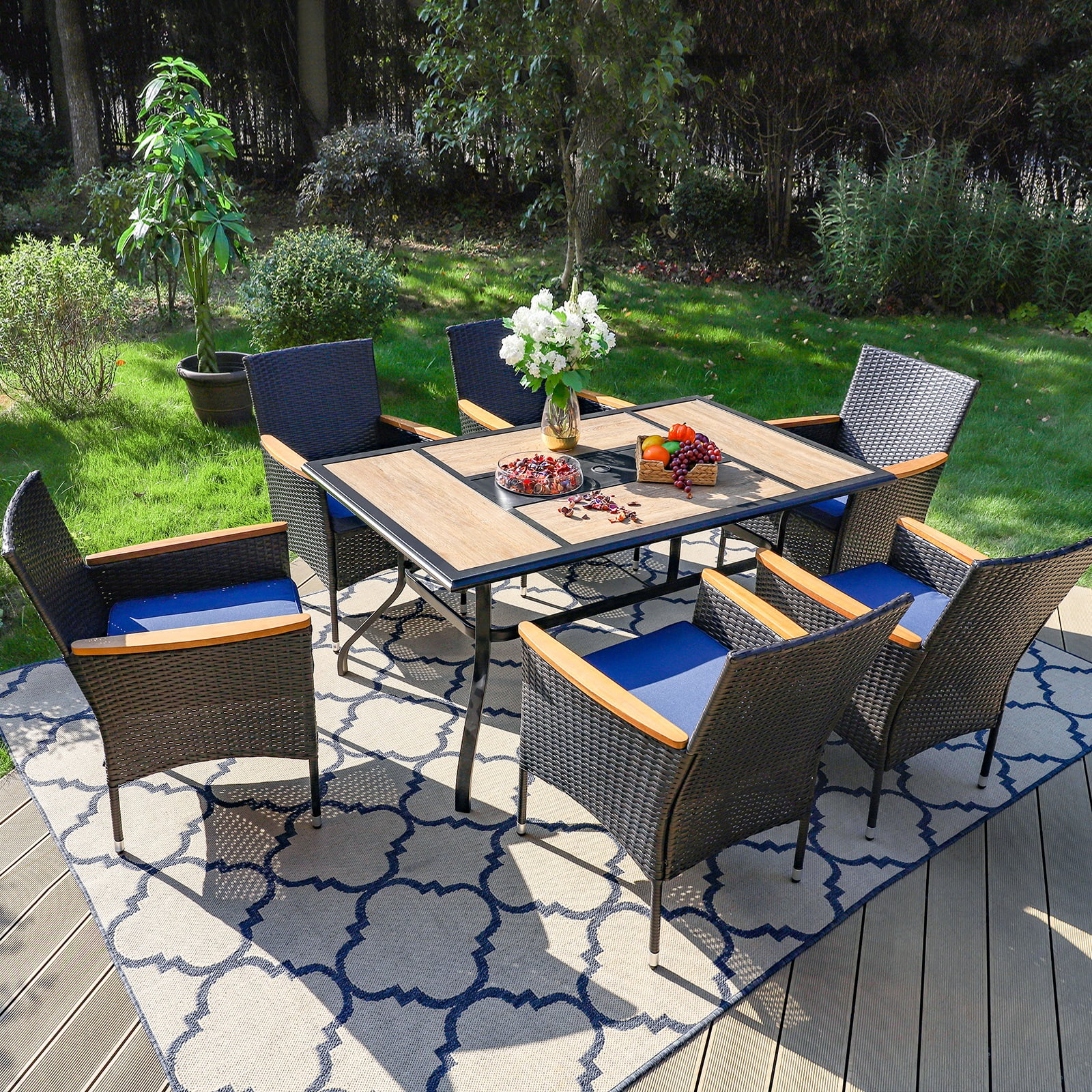 MF Studio 7 Pieces Indoor Furniture Outdoor Patio Dining Set, Rattan Dining Chairs & Rectangular Dining Table with Wood Like Umbrella Table for Garden