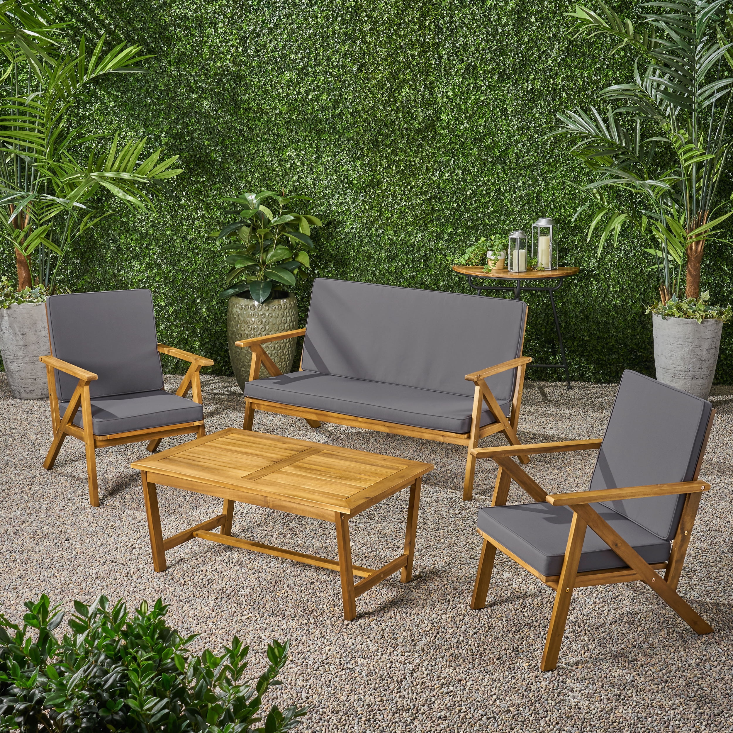 Manarola Outdoor 4-Piece 4-Seater Acacia Wood Conversation Sets, Teak Finish/ Grey