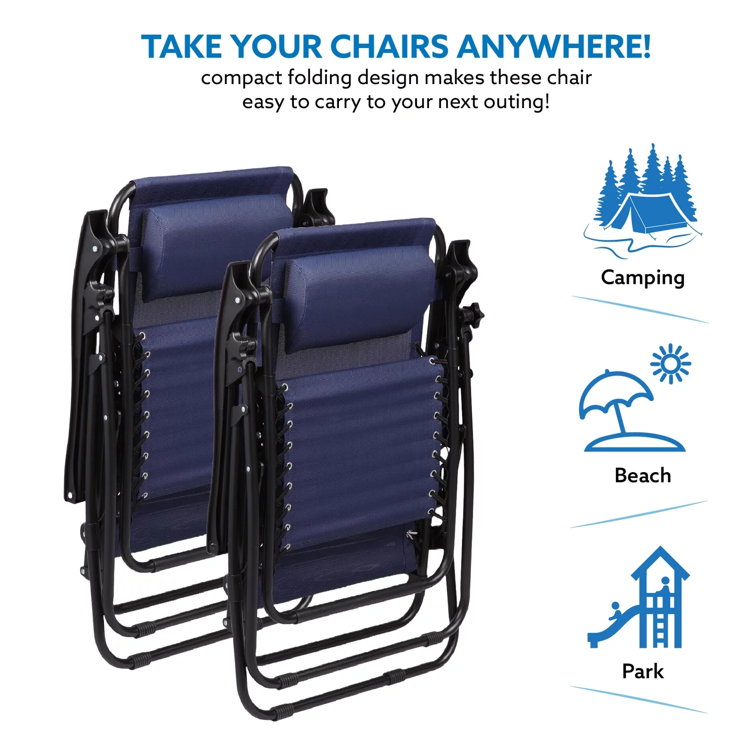 Zero Gravity Lounge Chair, Reclining Outdoor Chair With Detachable Headrest, Folding Camping Chair, Zero Gravity Chairs Set Of 2, Support 250lbs - Home Emporium-Color:Navy,Quantity:Set of 2