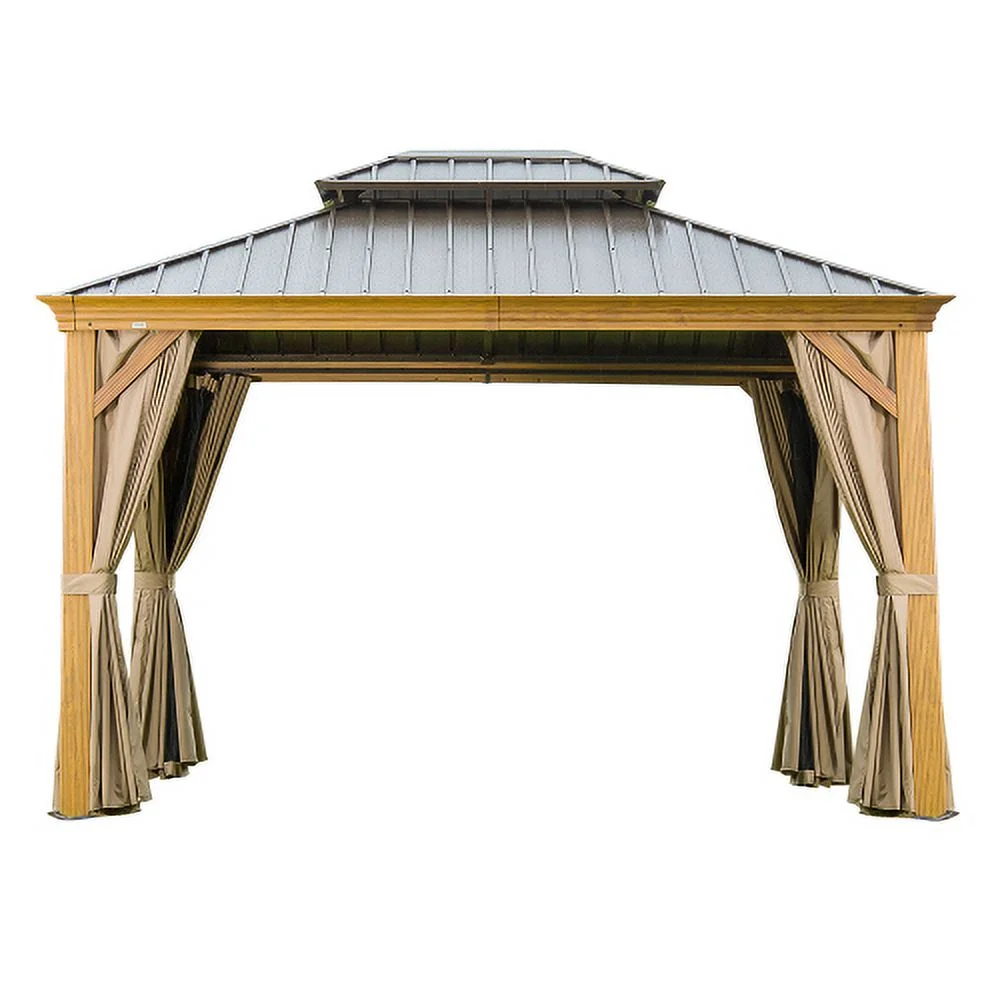 Buumin 10'x12' Hardtop Gazebo, Wooden Coated Aluminum Frame Canopy with Galvanized Steel Double Roof, Outdoor Permanent Metal Pavilion with Curtains and Netting for Patio, Deck and Lawn(Wood-Looking)