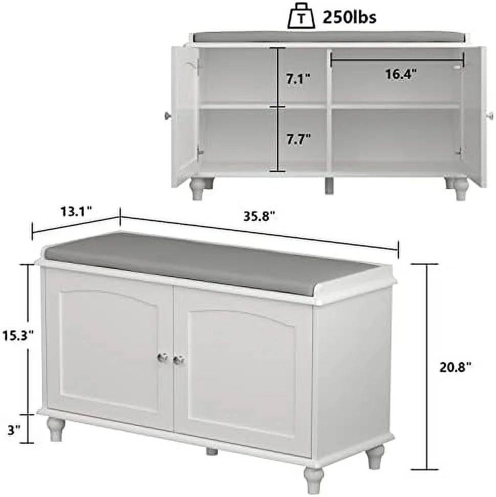 CHUIJN Wood Shoe  Bench with Cushion Seat  2 Doors & 4  Compartments  Entryway Shoe Rack Bench for Bedroom  Hallway  White and Grey (35.8\u201DL x 13.7\u201DW x 18.1\u201DH)
