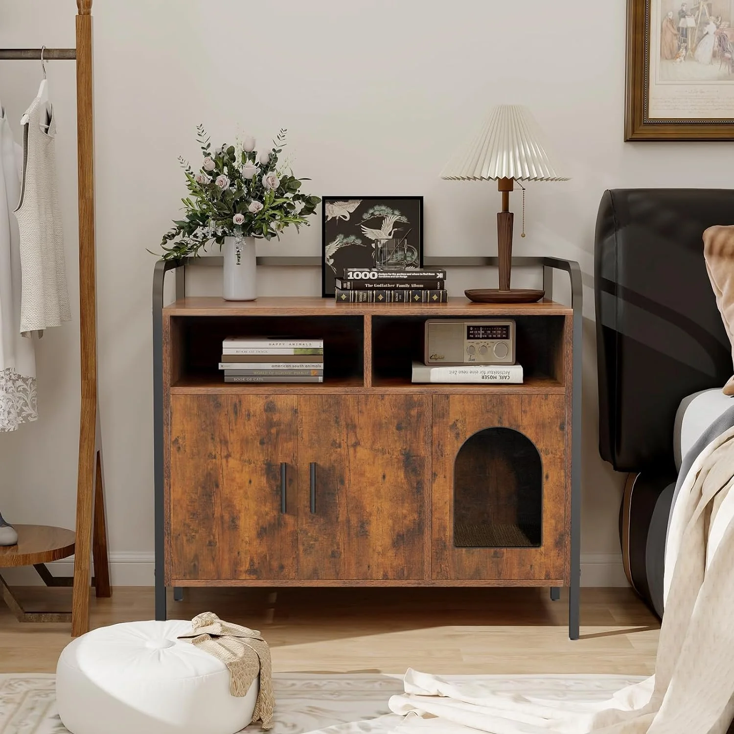 Litter Box Enclosure, Cat Litter Box Furniture Hidden, Cat Washroom Bench Storage Cabinet Large with Double Doors and Open Shelf for Bedroom, Living Room