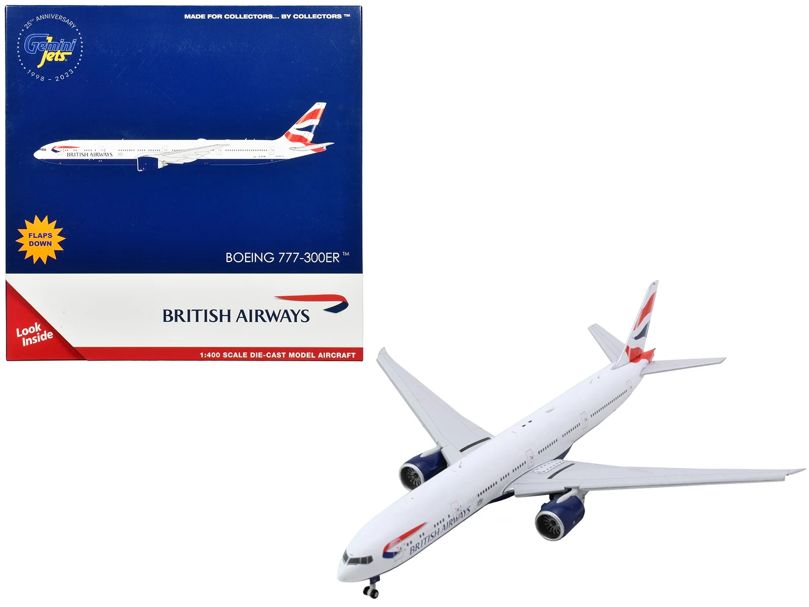 Boeing 777-300ER Commercial Aircraft with Flaps Down White with Striped Tail 1/400 Diecast Model Airplane by GeminiJets