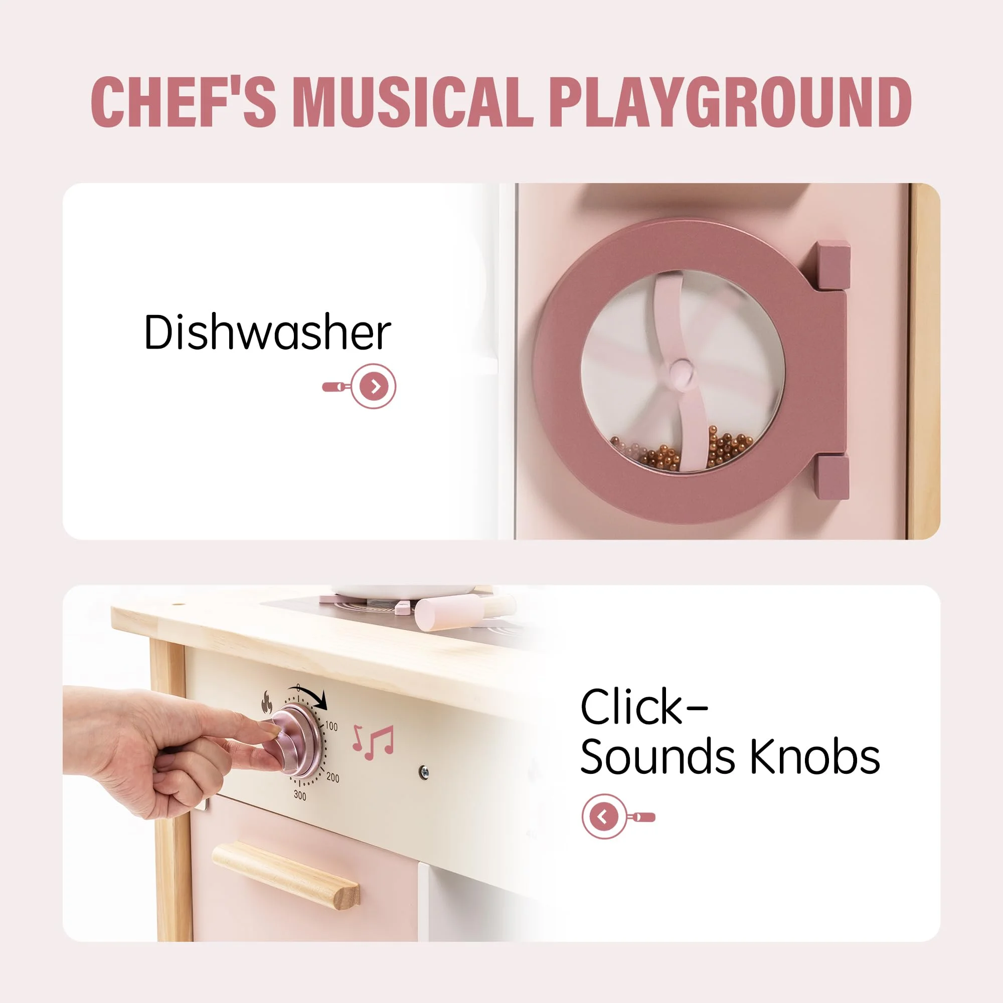Robud Kids Wooden Kitchen Play Set Pretend Playset Toy with Play Cooker for Girls Boys Age 3+,Pink