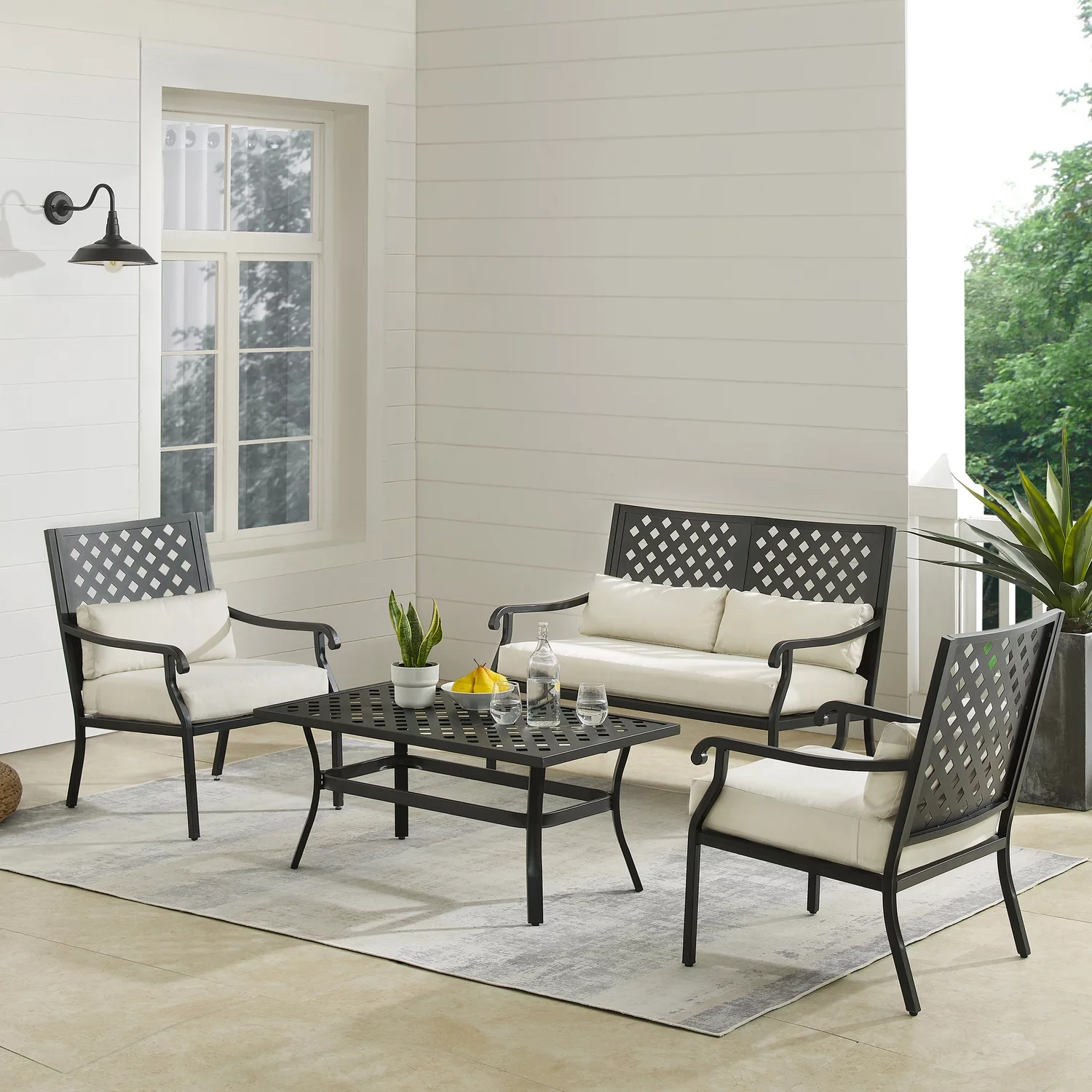 Maykoosh Antique Appeal 4Pc Outdoor Metal Conversation Set Creme/Matte Black - Loveseat, Coffee Table, & 2 Armchairs