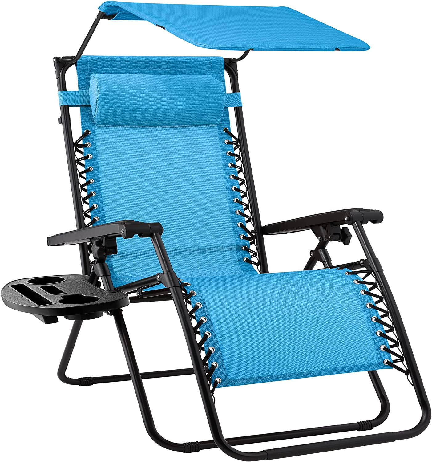 Folding zero gravity outdoor lounge chair Patio lounge chair with adjustable canopy, headrest, side accessory tray, Textilene mesh - light blue