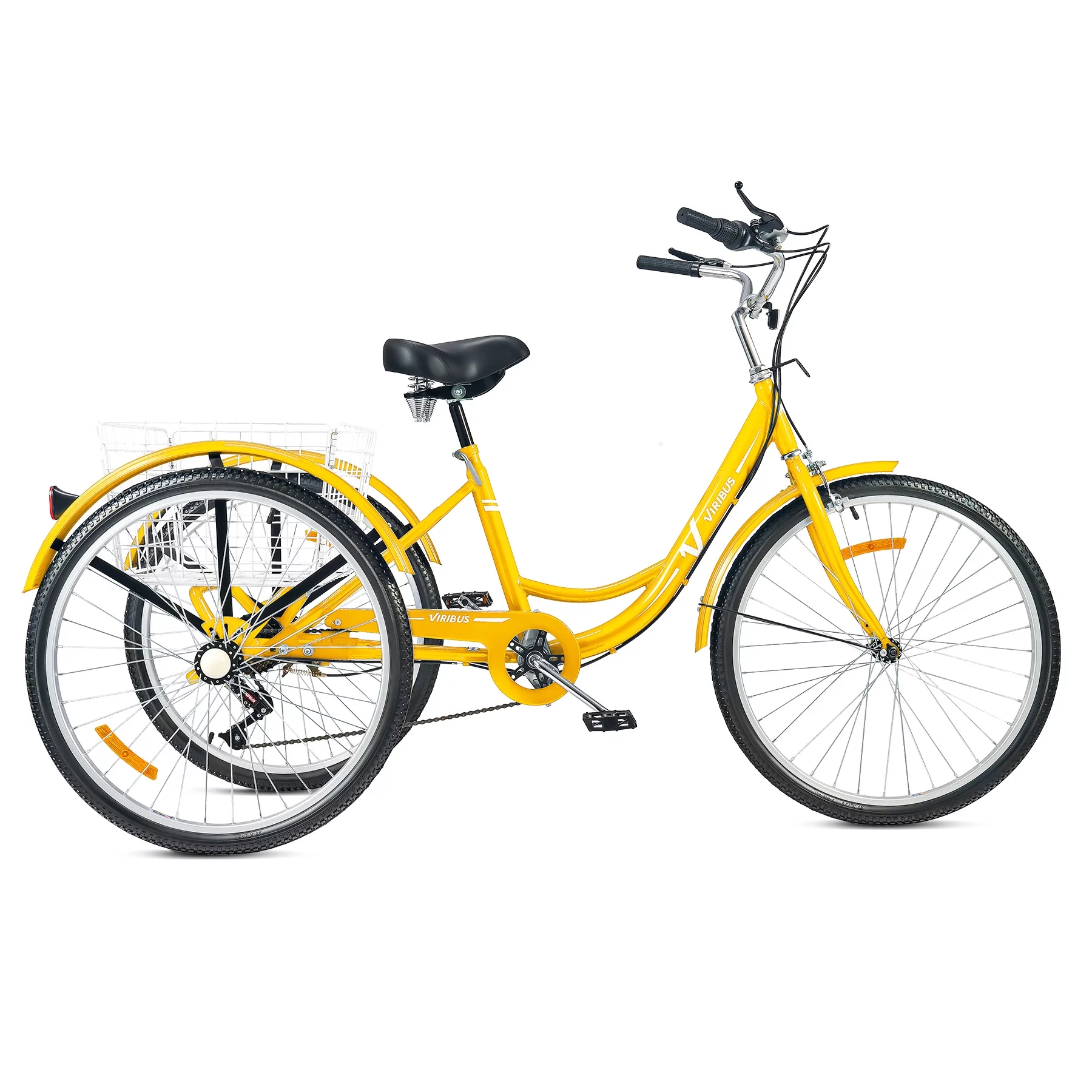 VIRIBUS 26 Inch Adult Tricycle 7 Speed 3 Wheel Cruiser Bike Trike w Rear Basket, Yellow