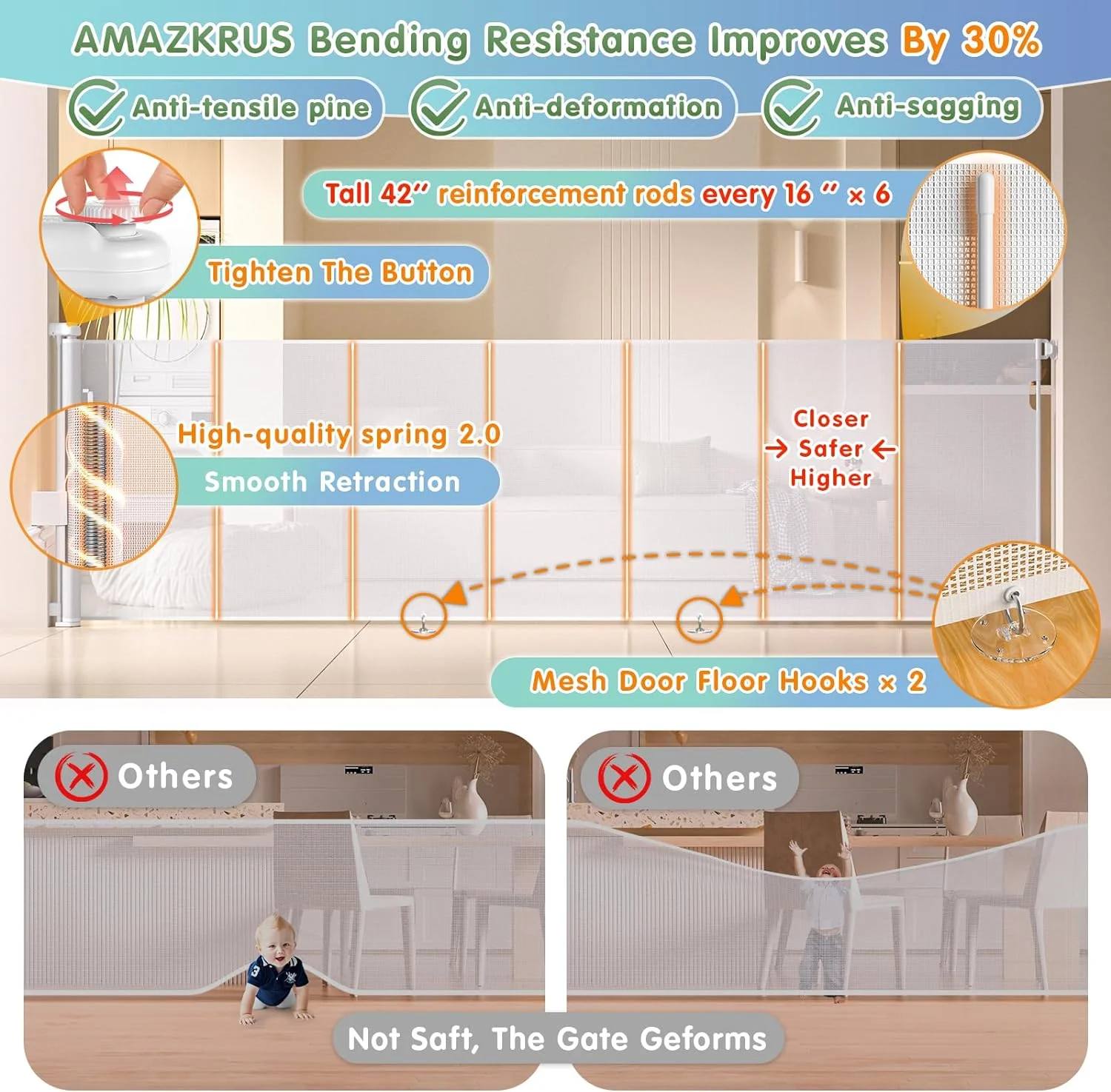 42'' Extra Tall Retractable Baby Gates Extra Wide 120'', Upgraded Mesh Baby Gate Retractable for Deck, Retractable Dog Gate for Doorways, Indoor/Outdoor Retractable Gate for Stairs