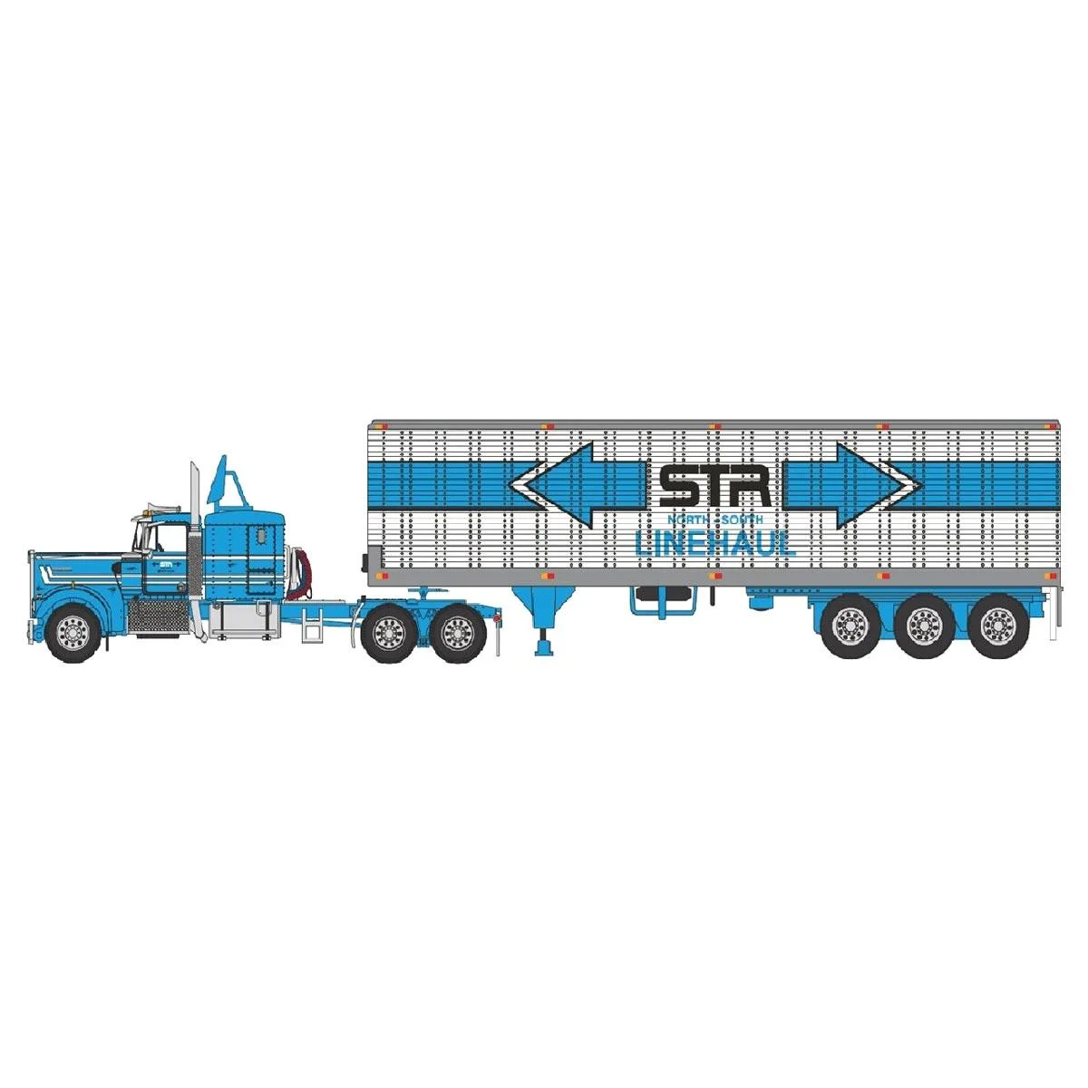 First Gear DCP 1/64 Blue & White Kenworth W900A w/ 40' Tri-axle Dry Van, STR North-South Linehaul 60-1333