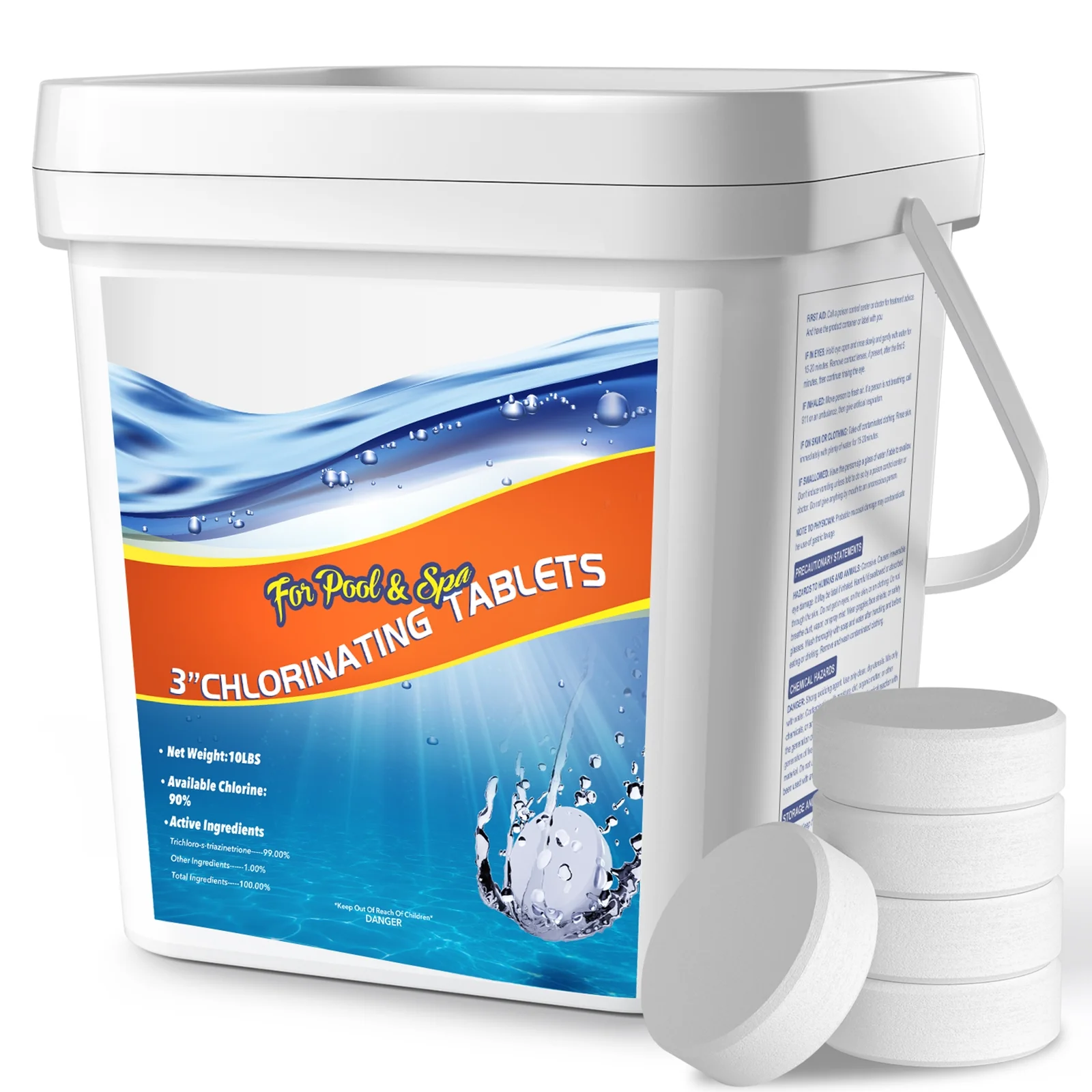 10 lbs Chlorine Tablets 3 inch, Long Lasting 90% Stabilized Available Chlorine Tabs for Pool, Hot Tubs, Spa
