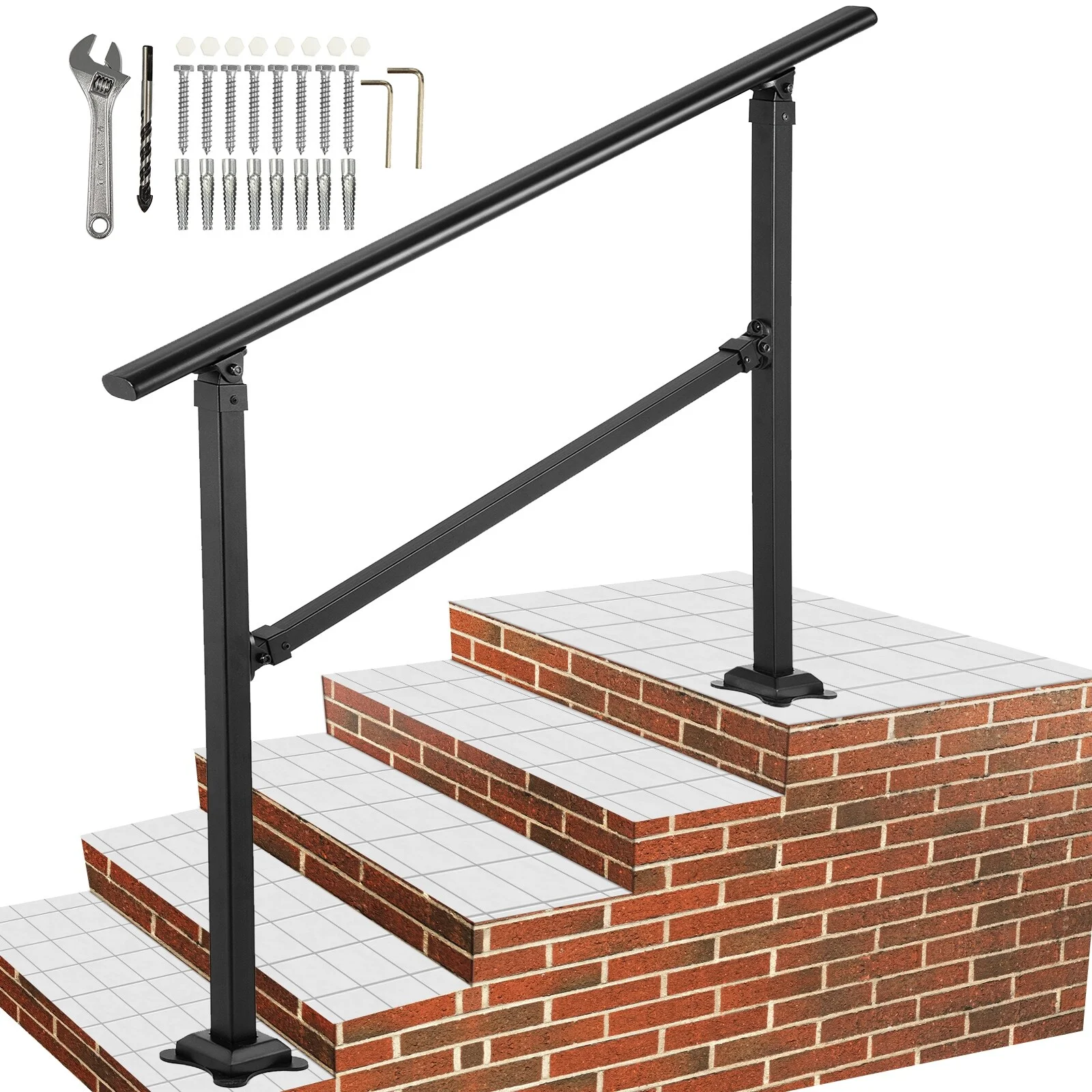 VEVOR Iron Handrail Stair Railing Hand Rail Kit Fit for 0-4 Steps Outdoor Black