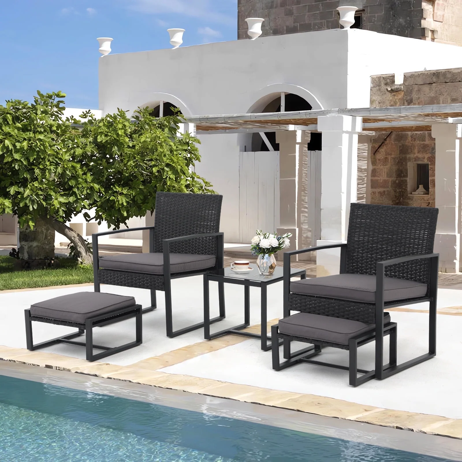 JOIVI 5 Piece Wicker Patio Furniture Conversation Set, Outdoor Rattan Bistro Set with Ottomans and Tempered Glass Table for Porch, Balcony, Deck, Backyard, Gray