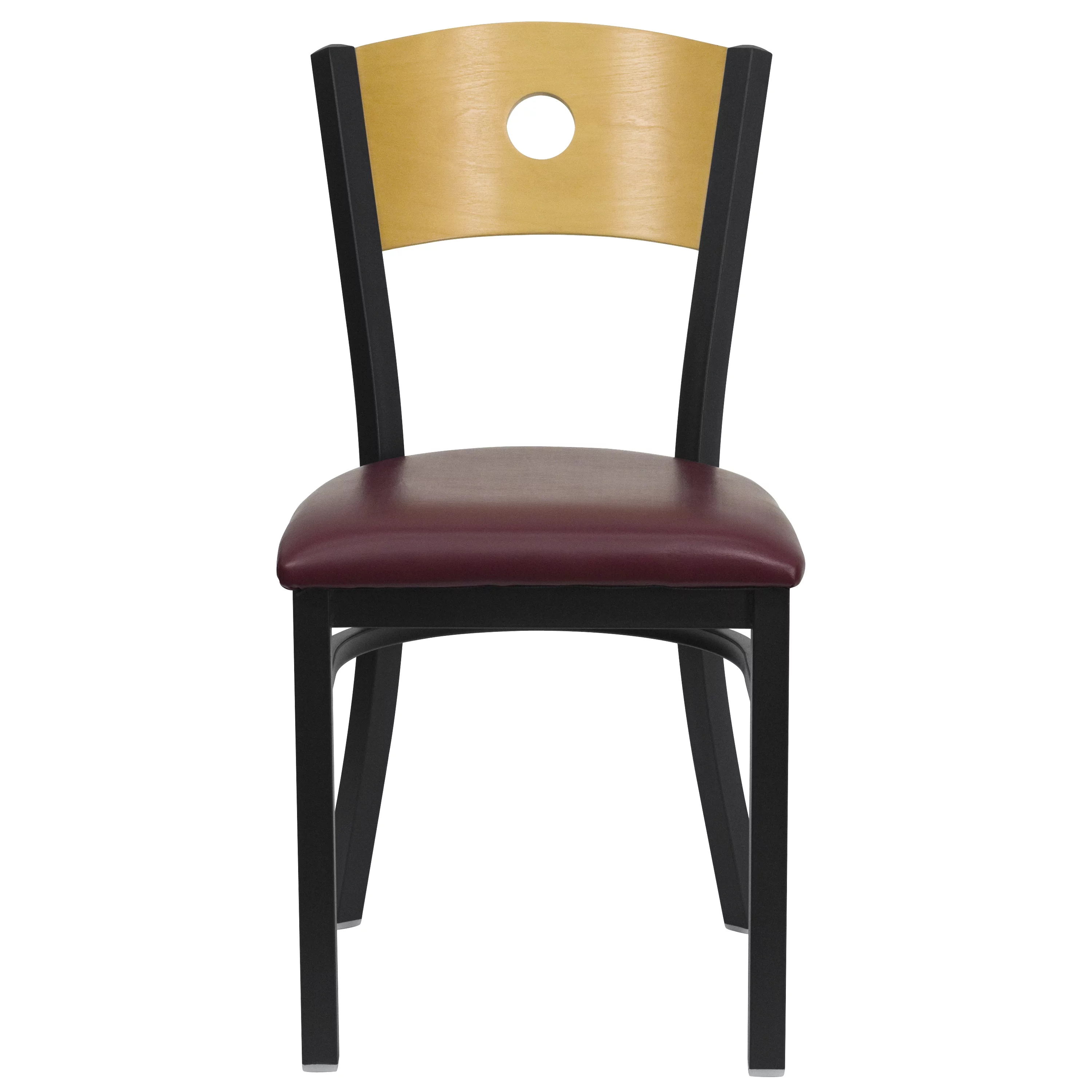 BizChair Black Circle Back Metal Restaurant Chair - Natural Wood Back, Burgundy Vinyl Seat