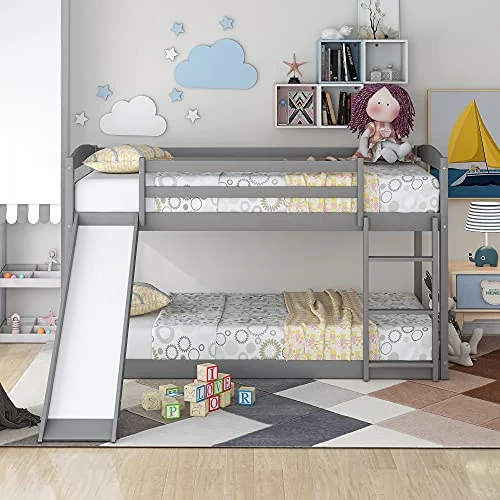 Twin Low Bunk Bed, Solid Wood Twin Over Twin Bunk Bed Frame with Full Guardrails & Integrated Ladder, Floor Twin Bunk Beds for Kids Boys and Girls, No Box Spring Needed(Gray with Convertible Slide)