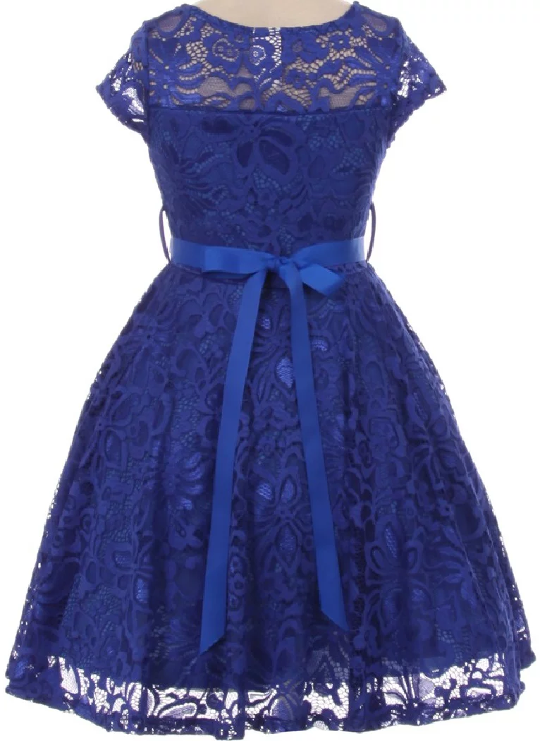 Lovely Floral Lace Rhinestones Skater Party Easter Flower Girl Dress for Little Girl Royal 2 JK19.88S BNY Corner