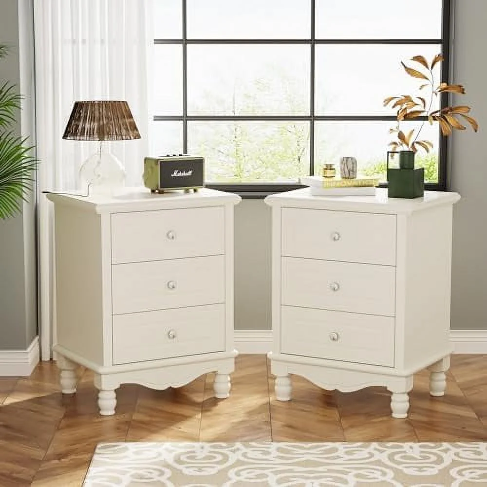MQLIFEBOOM 3-Drawer Nightstand Set 2  All-Wood Night Stand with 3   White Farmhouse Bed  for Bedroom  Tall Nightstand with Drawers  Large Side End Table for Living Room