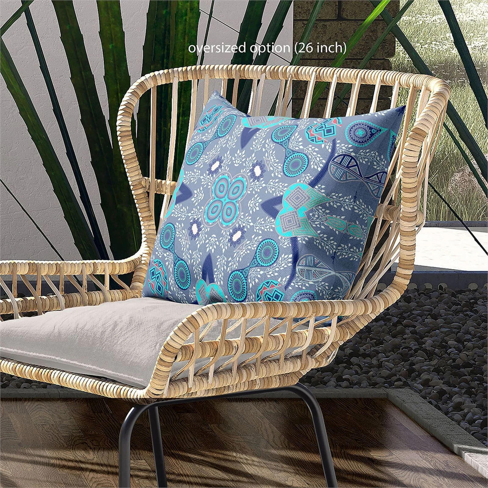Amrita Sen Designs  18 x 18 in. Paisley Leaf Geo Suede Blown & Closed Pillow - Dark Muted Blue, Navy & Light Blue
