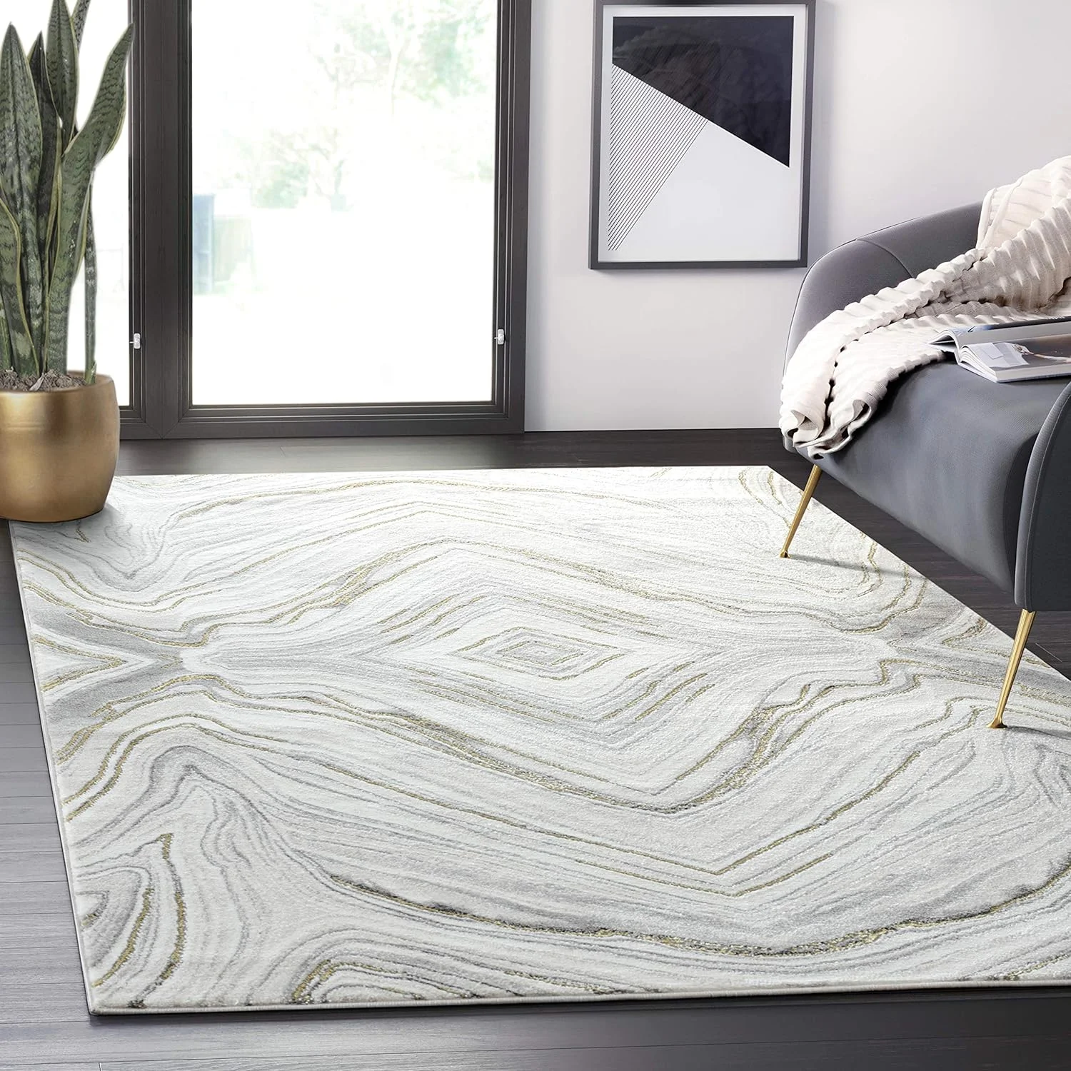 Rugs Contemporary Granite Grey & 4' X 6' Bedroom Rug - Modern Swirl Design Non-Shedding Area Rug
