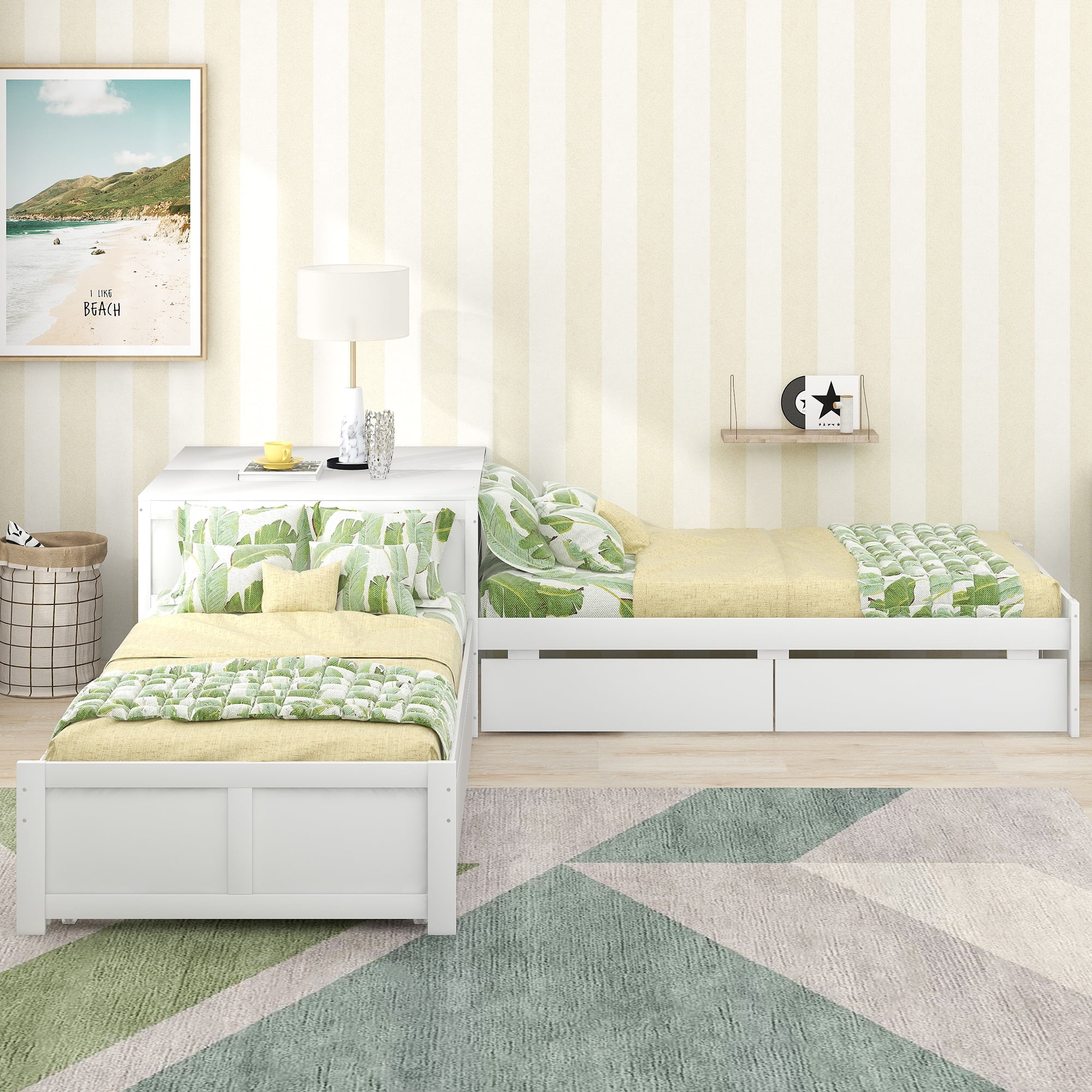 EUROCO Pine L-Shaped Twin Platform Bed with Square Table for Kids Bedroom, White