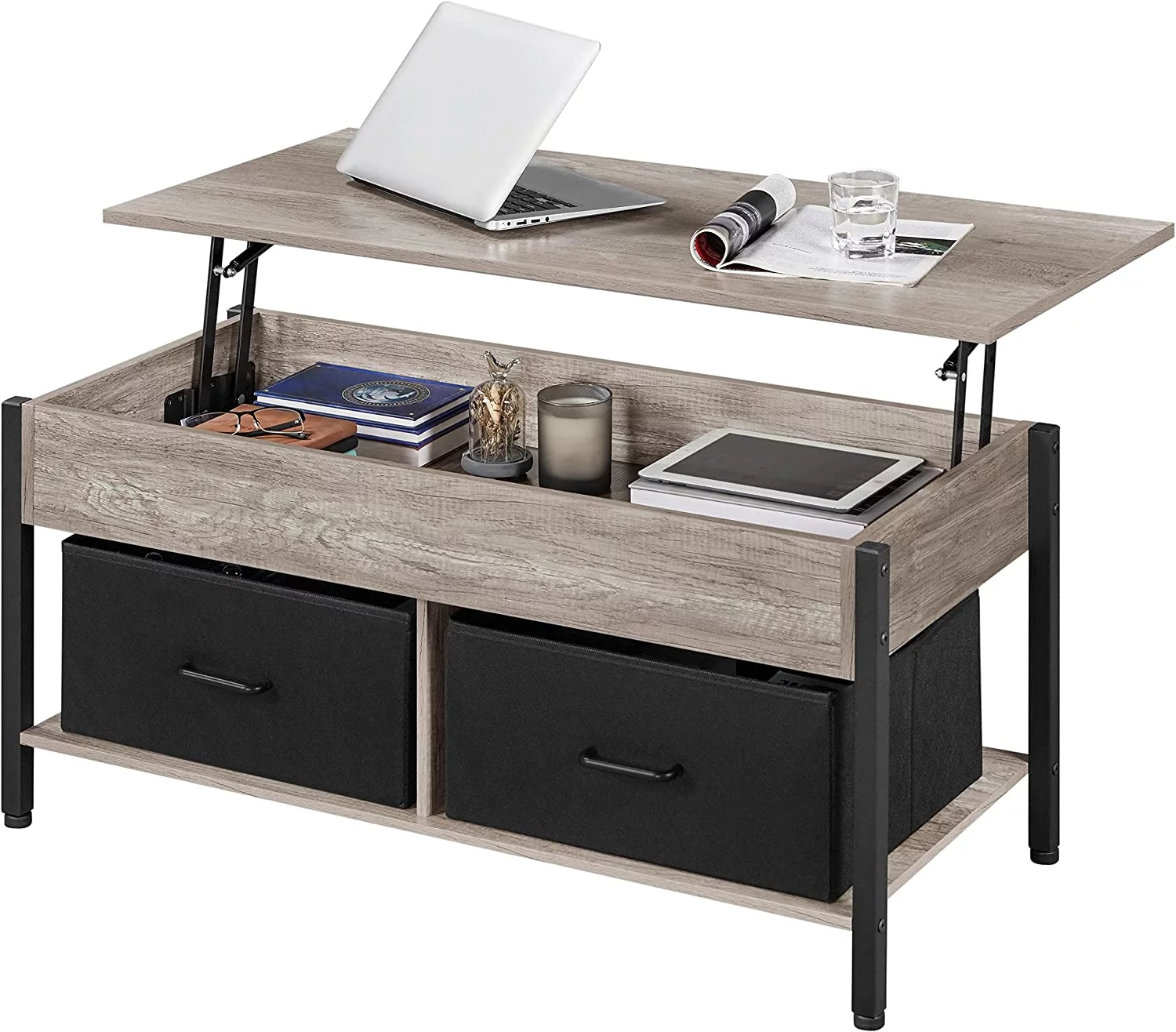 Lift-top Coffee Table with 2 Fabric Baskets & Hidden Storage Compartment, Raisable Top Coffee Table Industrial Center Table with Shelf for Living Room, Gray